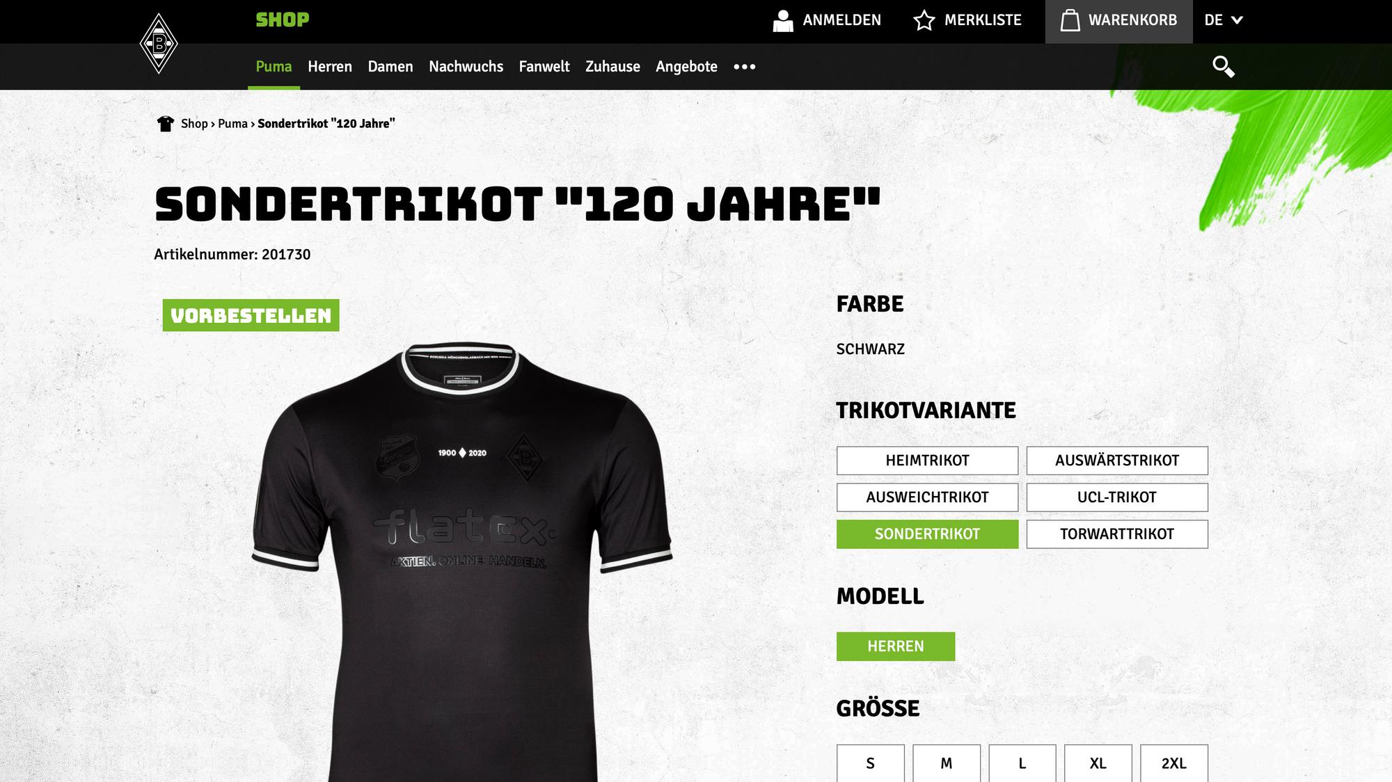 Das schwarze Sondertrikot der Fohlen-Elf kann derzeit im Online-Shop der Borussia vorbestellt werden.