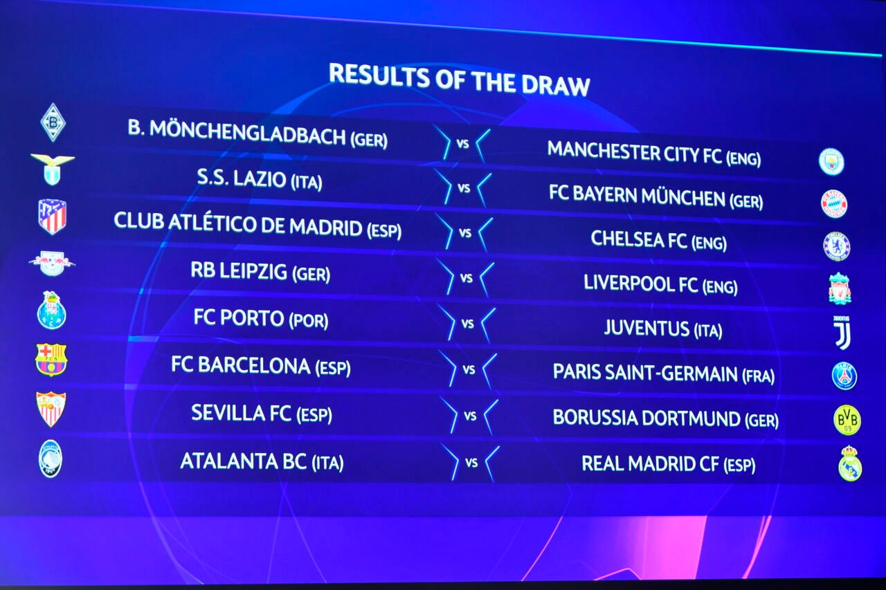 Die Auslosung zum Achtelfinale in der UEFA Champions League hat am 14. Dezember in Nyon stattgefunden. So trifft Borussia Mönchengladbach auf Manchester City, wie hier auf einer großen Videowand zu sehen ist.