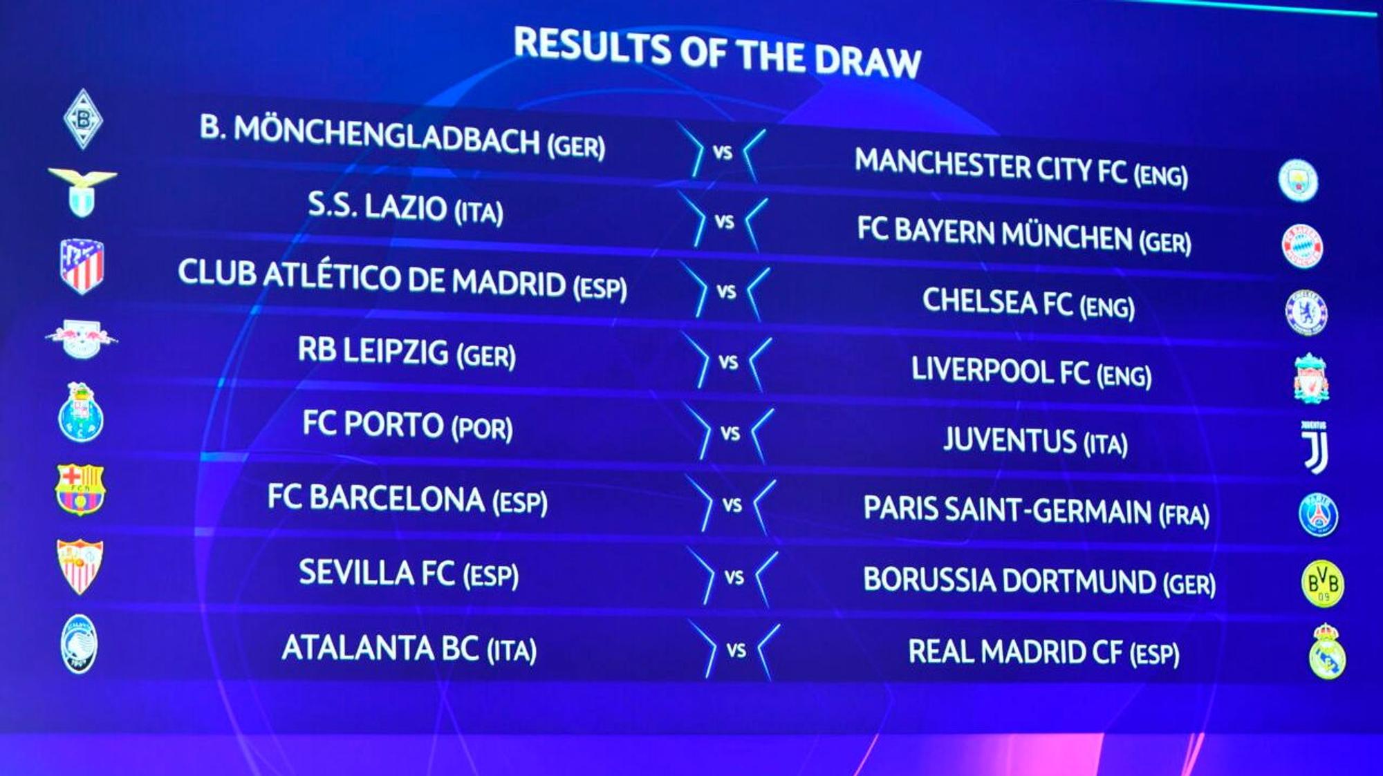 Die Auslosung zum Achtelfinale in der UEFA Champions League hat am 14. Dezember in Nyon stattgefunden. So trifft Borussia Mönchengladbach auf Manchester City, wie hier auf einer großen Videowand zu sehen ist.