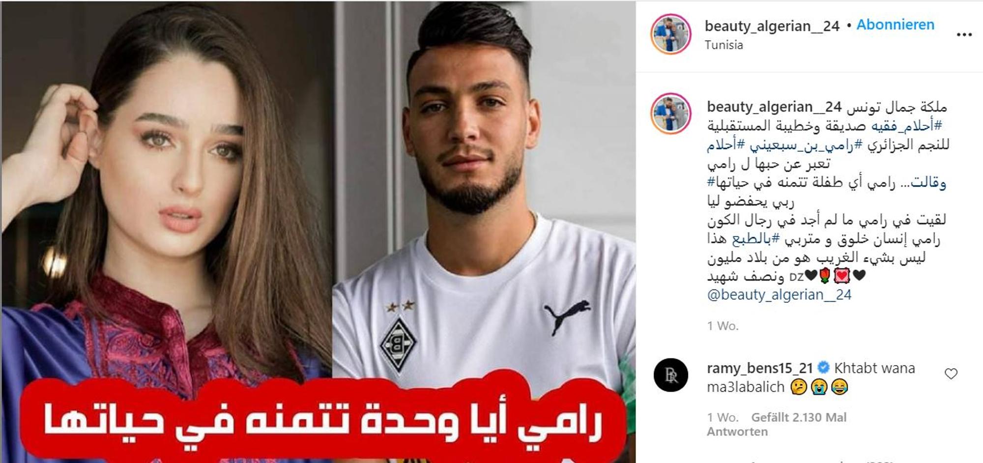 Die Instagram-Seite beauty_algerian_24 hat das Liebesgerücht um Ahlem Fekih (l.) und Ramy Bensebaini (r.) in die Welt gesetzt. Bensebaini selbst dementierte später in den Kommentaren.