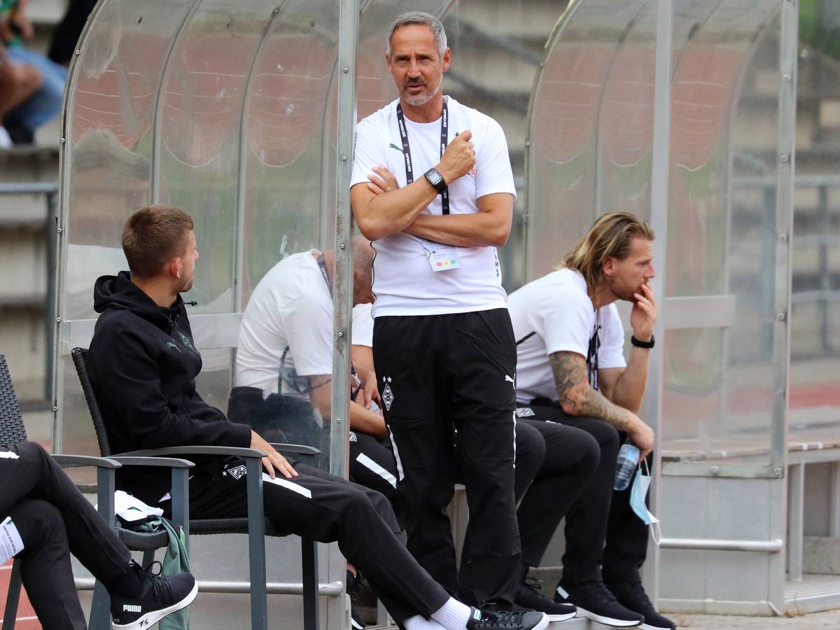 Gladbachs Trainer Adi Hütter, hier beim Testspiel gegen Viktoria Köln am 10. Juli 2021, schaut skeptisch auf den Platz.