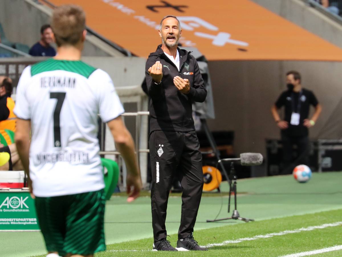 Gladbach-Trainer Adi Hütter dirigiert im Borussia-Park an der Seitenlinie stehend seine Mannschaft.