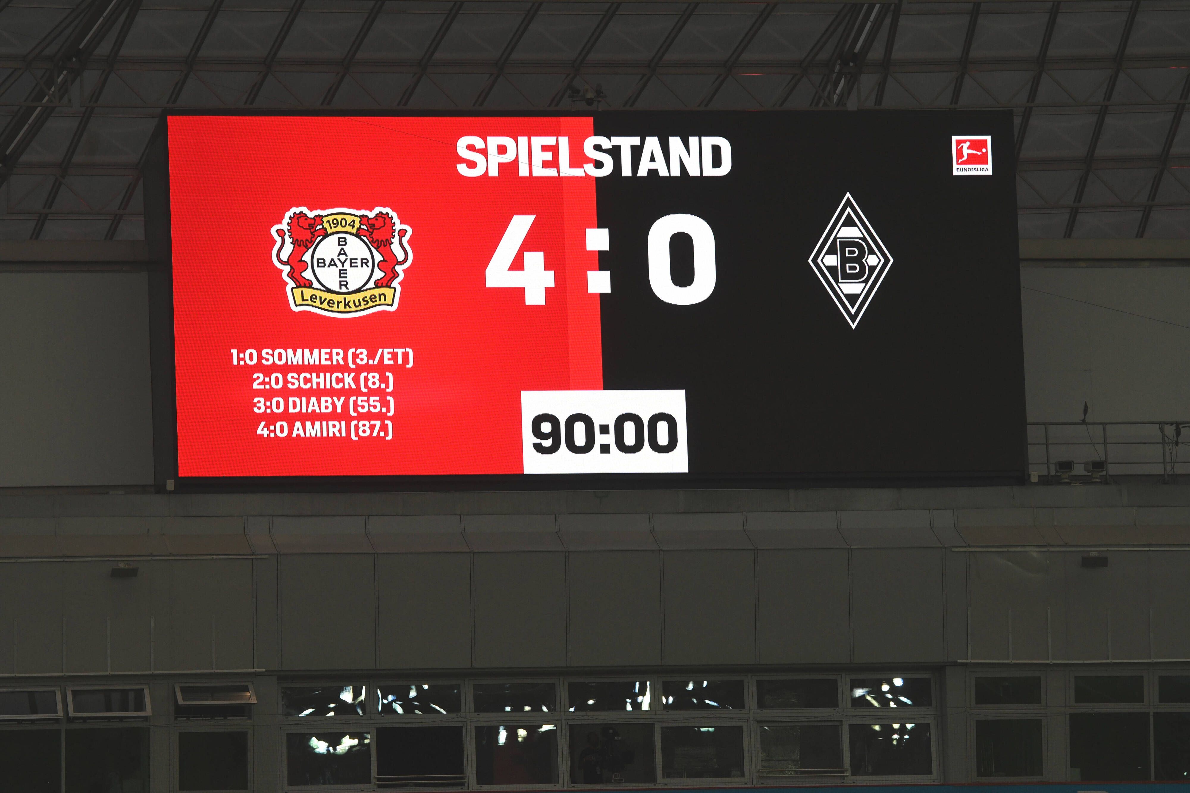 Die Anzeigetafel in der BayArena zeigt das bittere Endergebnis der Gladbacher bei Bayer Leverkusen am 21. August 2021.