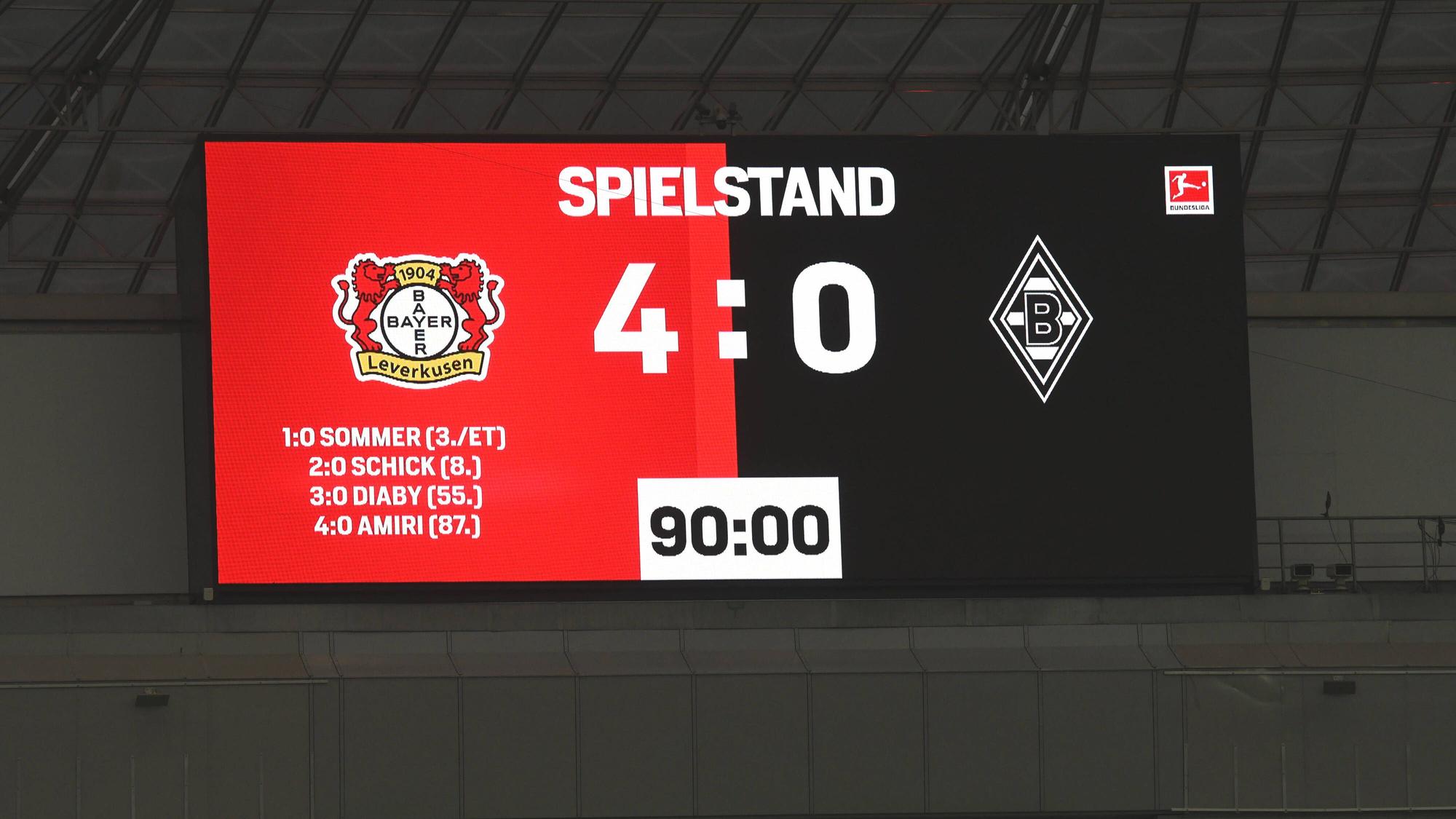 Die Anzeigetafel in der BayArena zeigt das bittere Endergebnis der Gladbacher bei Bayer Leverkusen am 21. August 2021.