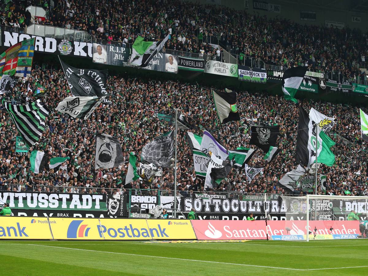 Gladbacher Fans unterstützen ihre Mannschaft am 5. Oktober 2013 von der Nordtribüne des Borussia-Parks heraus.