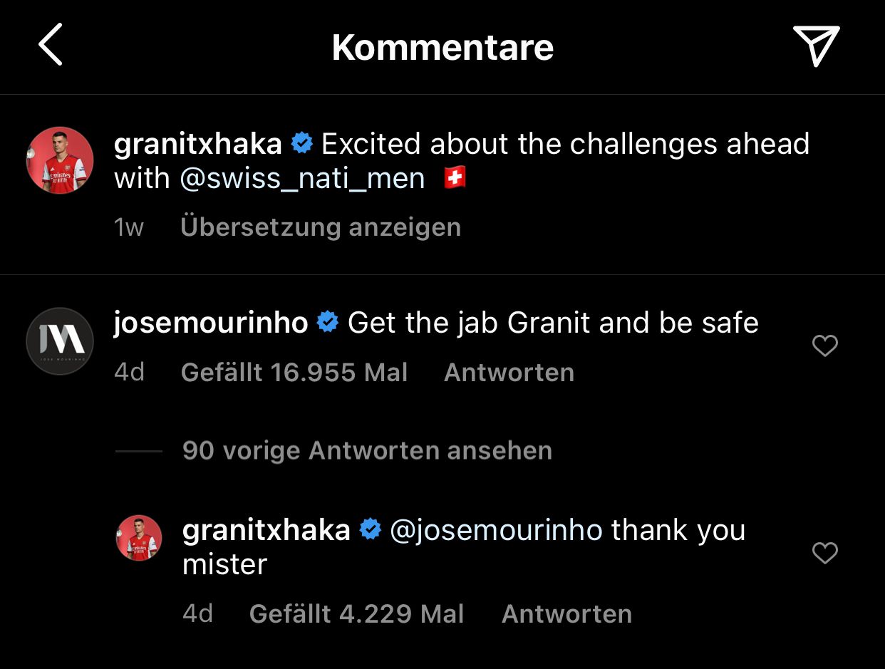 Trainer José Mourinho (AS Rom) hat dem Fußball-Profi und ehemaligen Gladbach-Spieler Granit Xhaka (Arsenal London) einen Kommentar auf Instagram geschrieben. Mourinho gibt Xhaka den Rat, sich gegen das Coronavirus impfen zu lassen.
