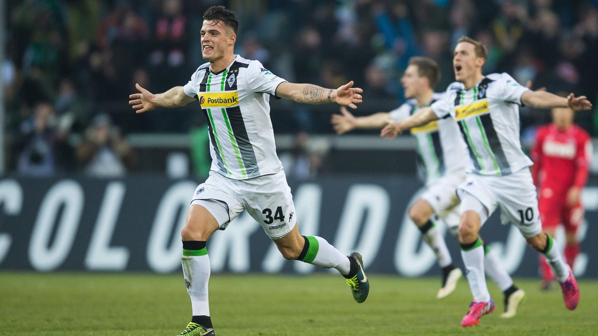 Granit Xhaka setzt am 14. Februar 2015 Borussia im Derby gegen den 1. FC Köln zu einem furiosen Jubellauf an.