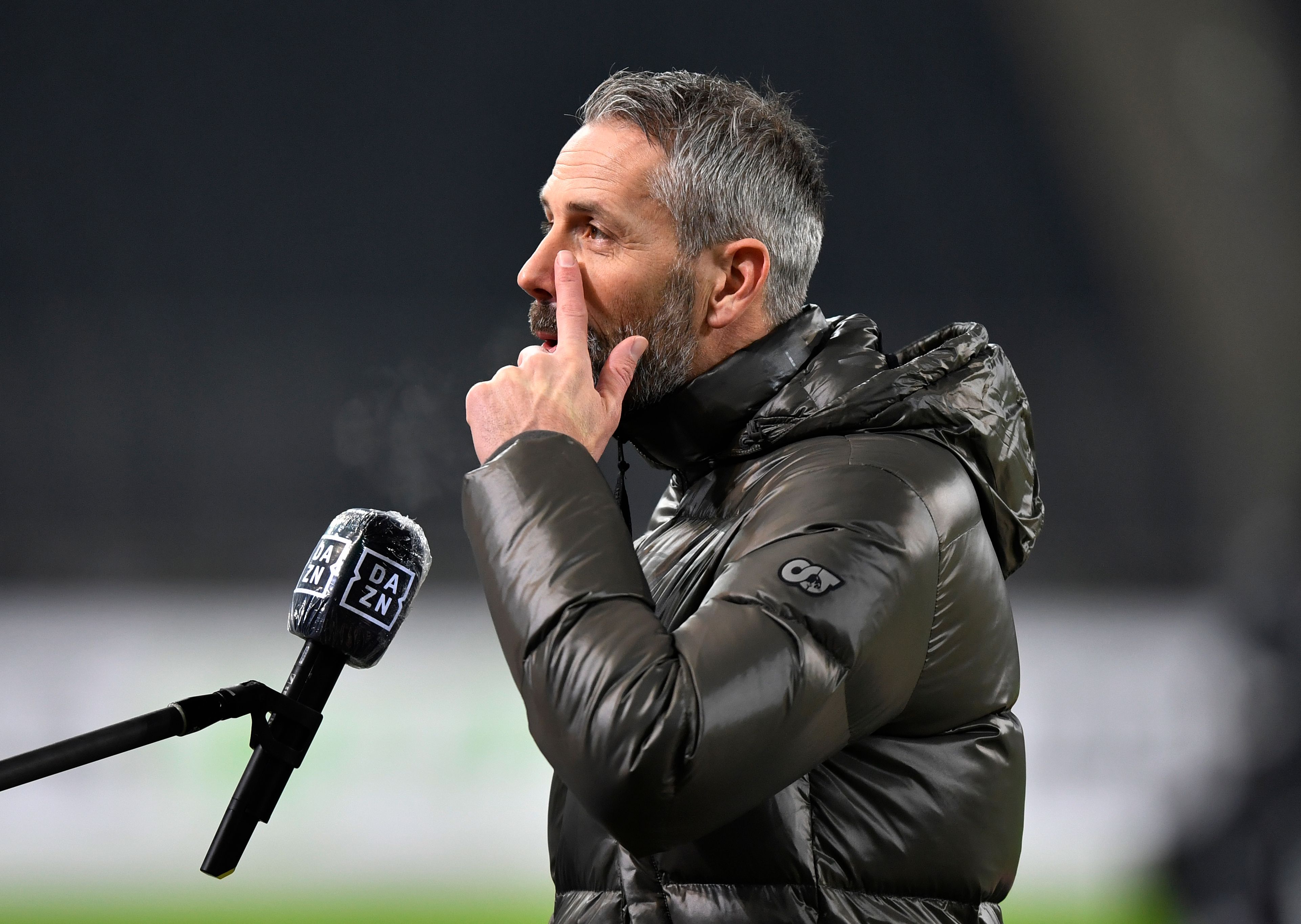 Borussia-Coach Marco Rose im Gespräch mit den Medien vor dem Bundesliga-Spiel des 17. Spieltags gegen Werder Bremen.
