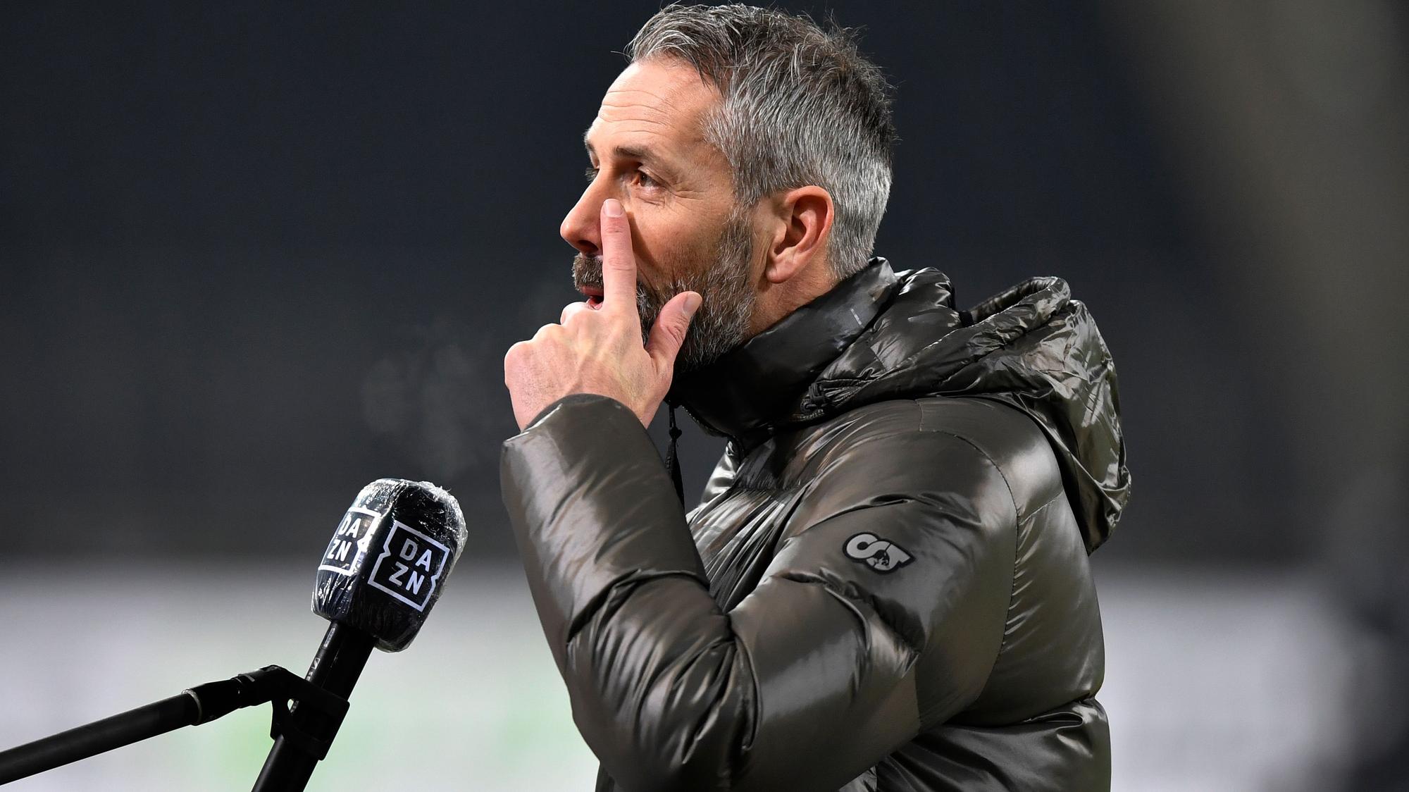 Borussia-Coach Marco Rose im Gespräch mit den Medien vor dem Bundesliga-Spiel des 17. Spieltags gegen Werder Bremen.