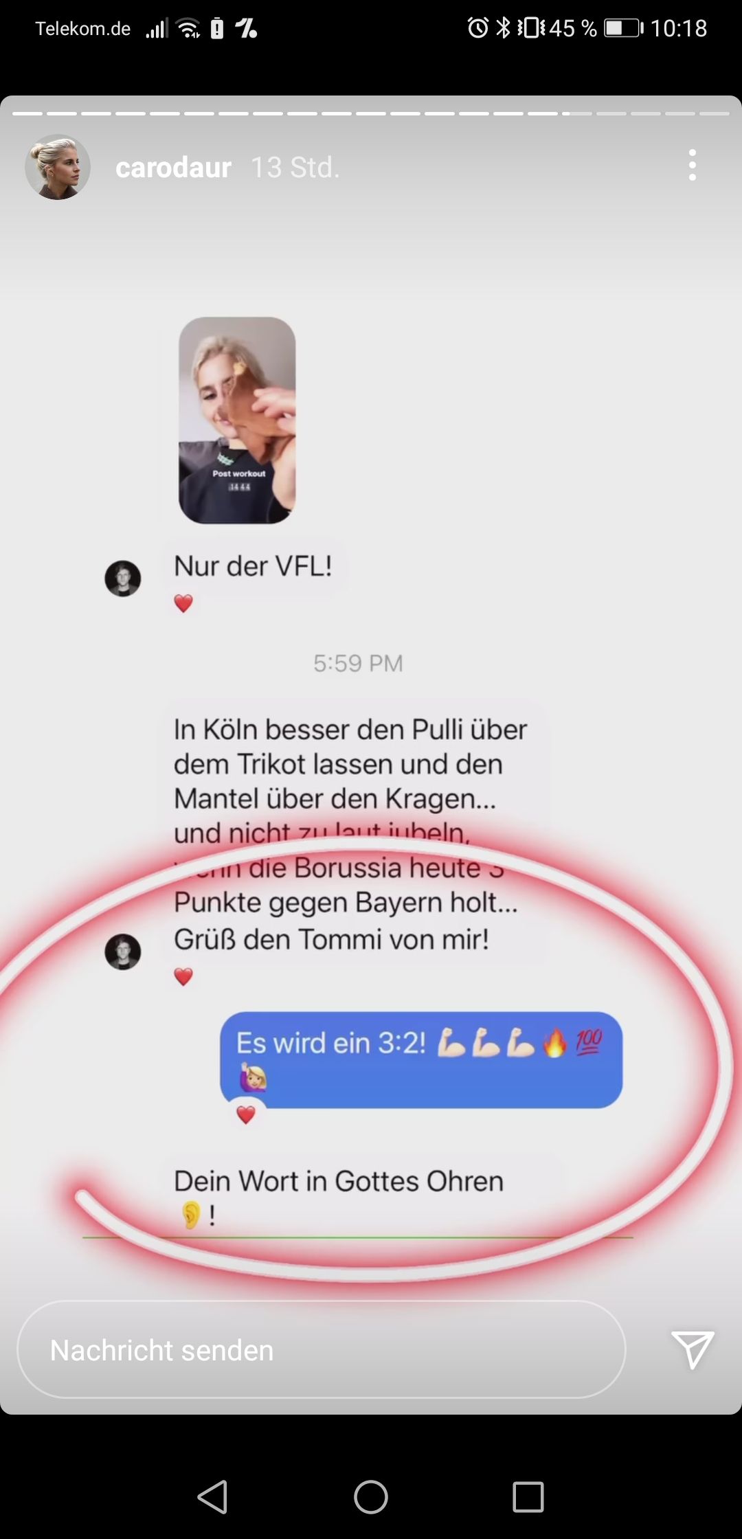 In ihrer Instagram-Story zeigte Caro Daur eine Unterhaltung, in der sie den 3:2-Sieg der Fohlen gegen Bayern prophezeite.