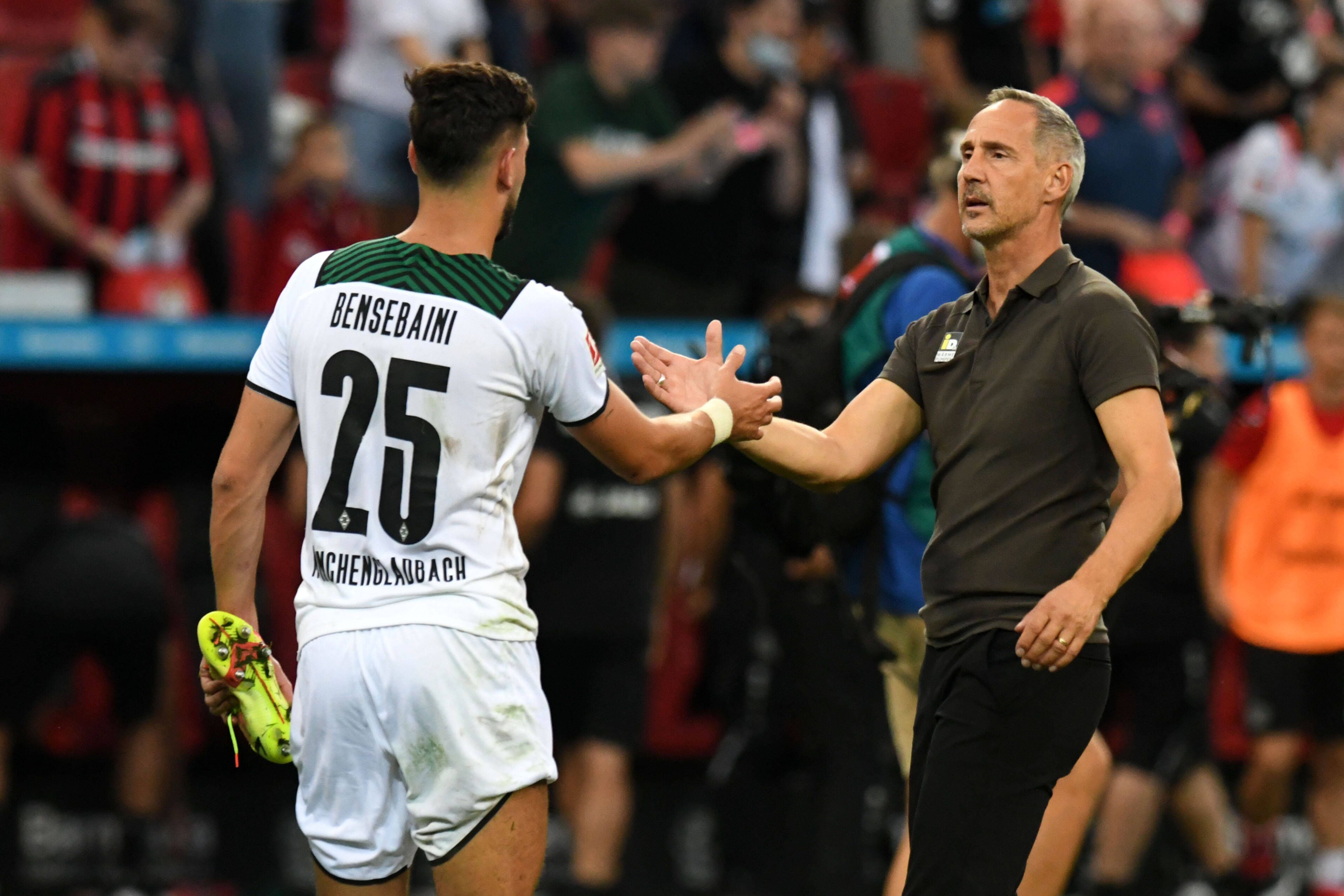 Gladbach-Trainer Adi Hütter (r.) klatscht Borussia-Verteidiger Ramy Bensebaini (l.) ab. Das Foto zeigt die beiden am 20. August 2021 in Leverkusen. Hütter und Bensebaini schauen sich an der Seitenlinie an.