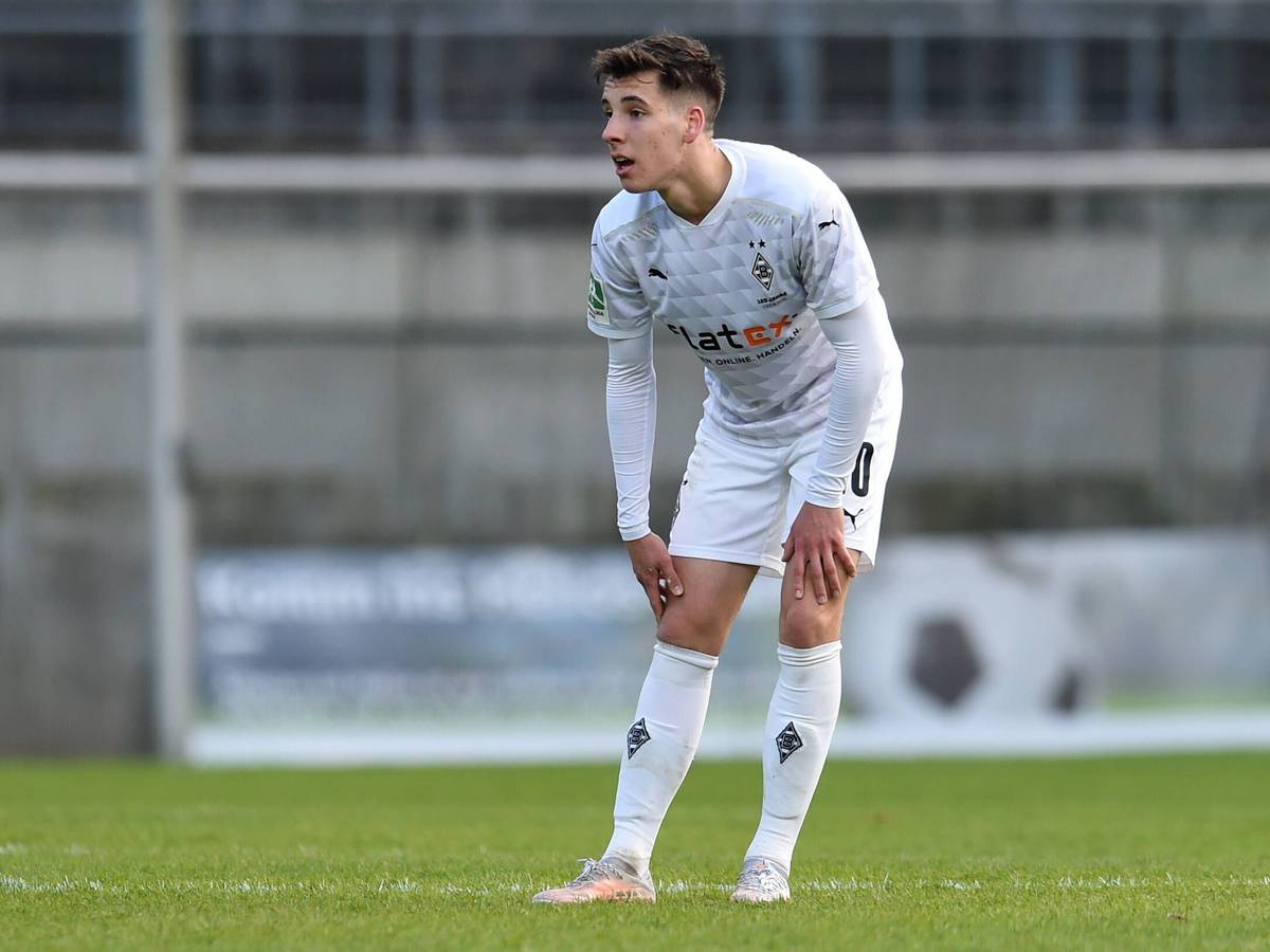 Conor Noß, hier beim Regionalliga-Spiel zwischen Borussia Mönchengladbach und dem Wuppertaler SV am 14. April 2021, erzielte bei RW Ahlen den einzigen Treffer für Gladbachs U23.