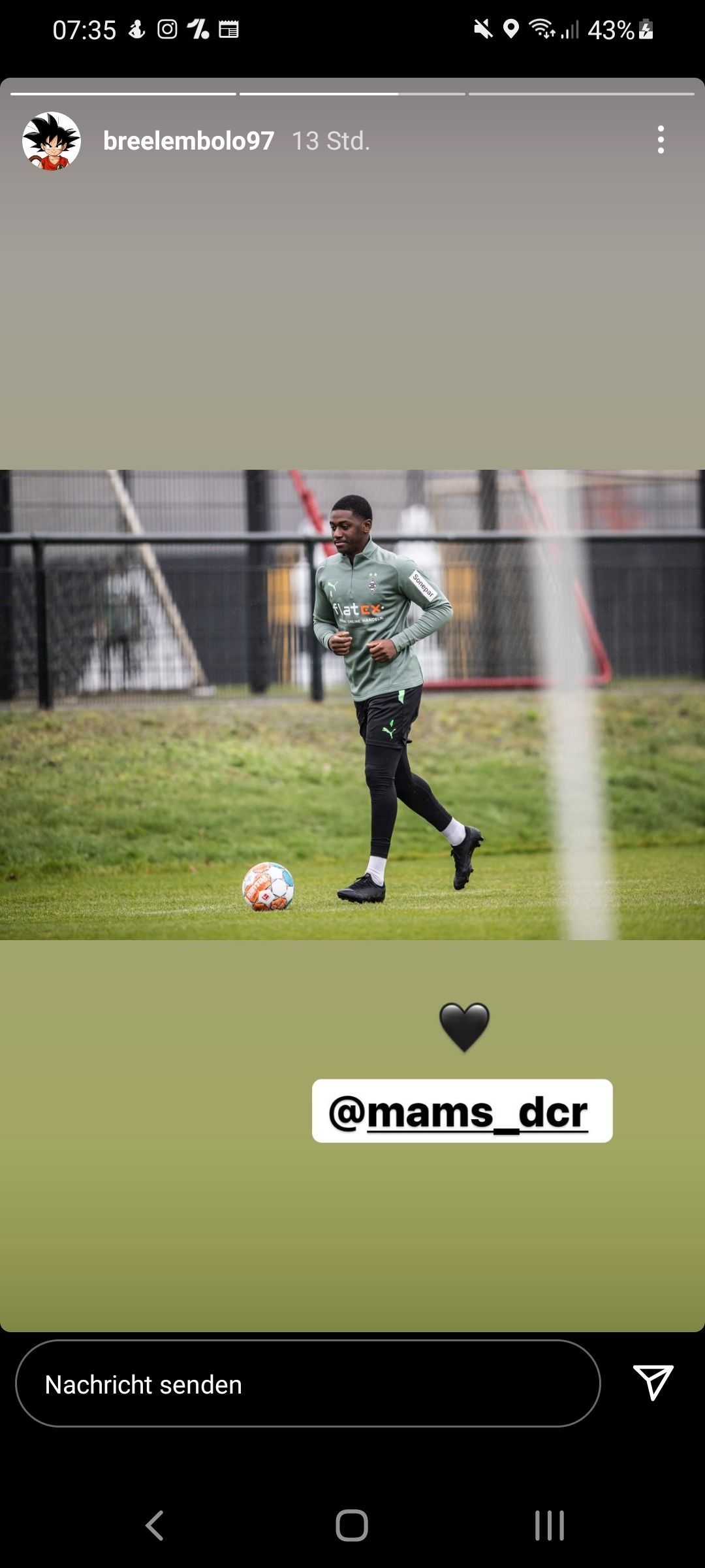 Breel Embolo von Borussia Mönchengladbach postete am Mittwochabend ein Foto von Teamkollege Mamadou Doucouré beim Lauftraining im Borussia-Park in seiner Instagram-Story.