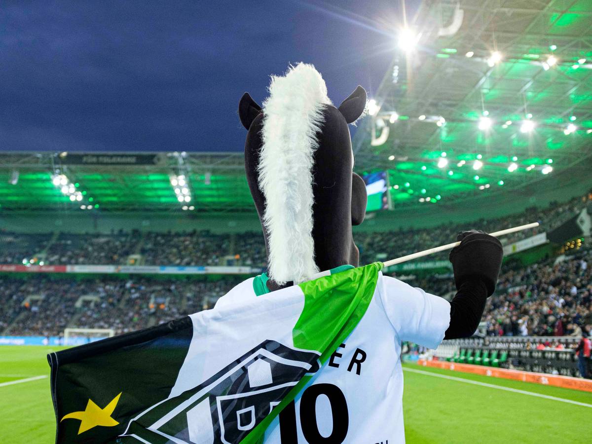 Jünter, das Maskottchen von Fußball-Bundesligist Borussia Mönchengladbach: Stolzer Blick nach vorne, die Fohlen-Fahne selbstbewusst auf den Schultern, tausende Fans in der Nordkurve hinter sich. Dieses Foto stammt vom 31. Oktober 2021.