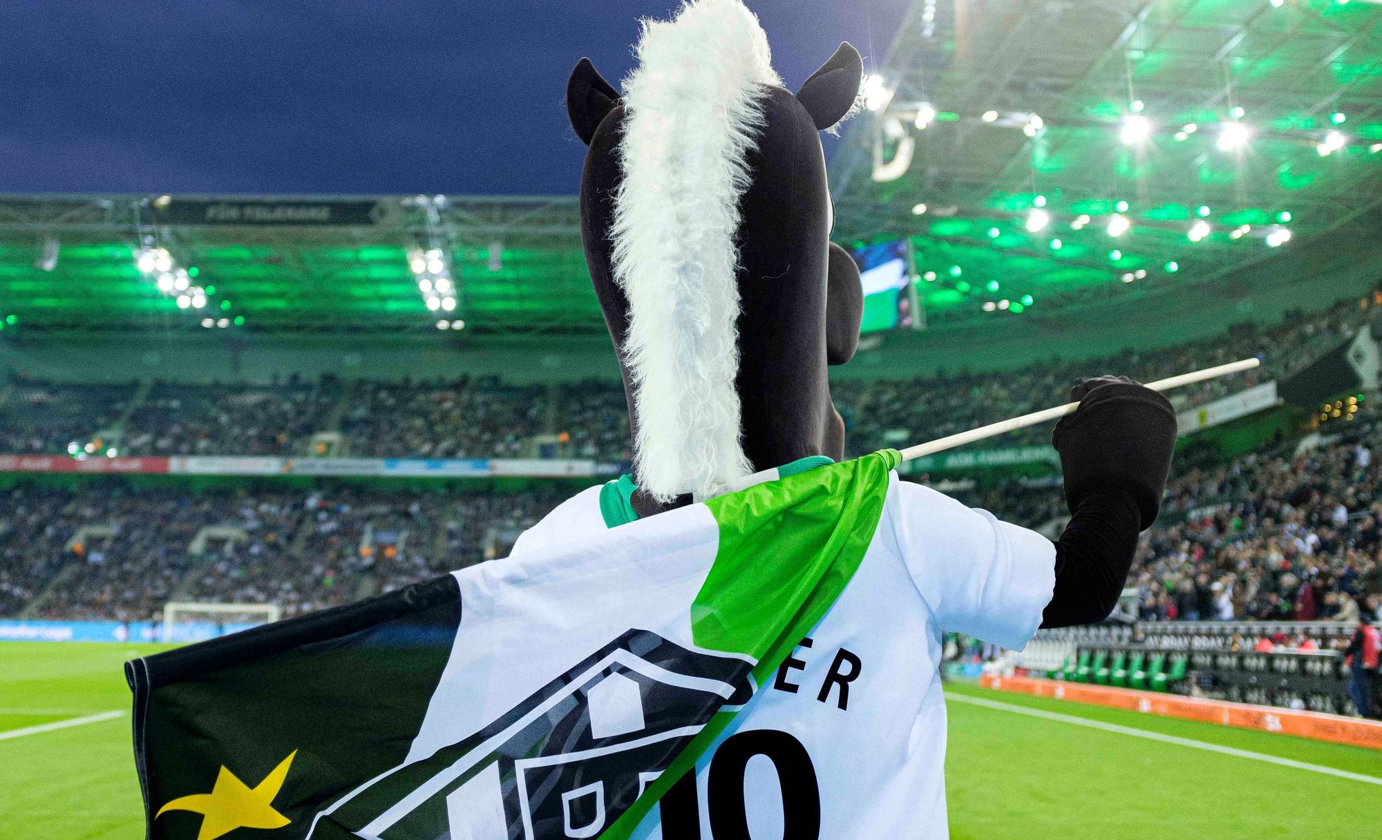 Borussia-Maskottchen Jünter blickt auf die Fans im Borussia-Park: Dieses Foto stammt vom 31. Oktober 2021. Jünter hat eine Gladbach-Fahne auf der rechten Schulter liegen.