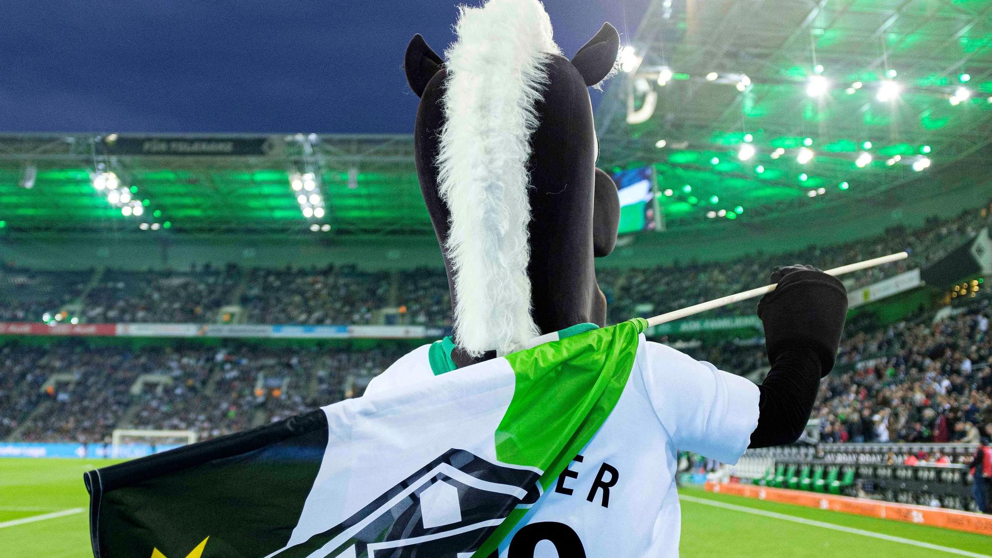 Jünter, das Maskottchen von Fußball-Bundesligist Borussia Mönchengladbach: Stolzer Blick nach vorne, die Fohlen-Fahne selbstbewusst auf den Schultern, tausende Fans in der Nordkurve hinter sich. Dieses Foto stammt vom 31. Oktober 2021.