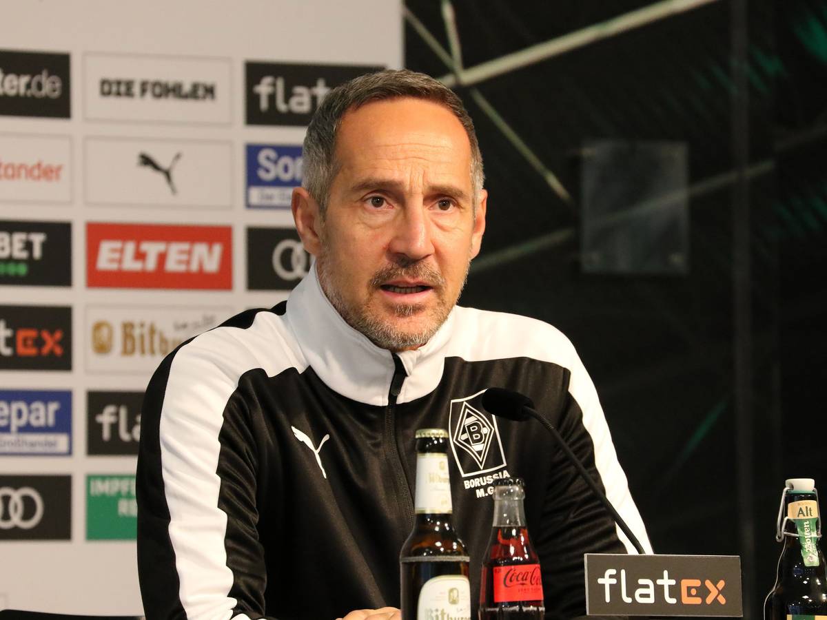 Adi Hütter, Trainer von Borussia Mönchengladbach, spricht am 25. November 2021 bei einer Pressekonferenz im Borussia-Park über das Derby beim 1. FC Köln. Hütter redet in ein Mikrofon auf dem Podium.