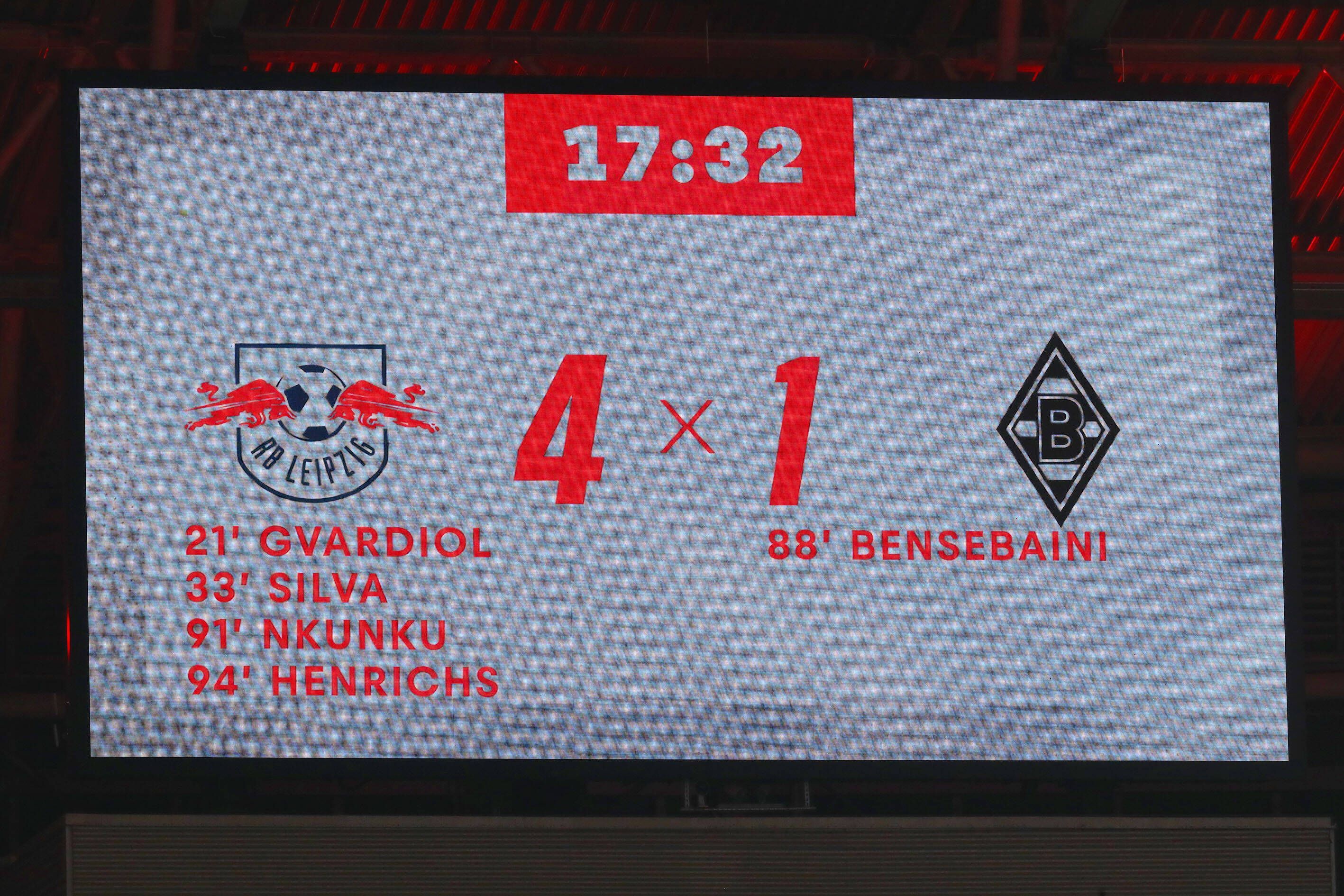 Die Anzeigetafel von RB Leipzig zeigt das Endergebnis gegen Borussia Mönchengladbach