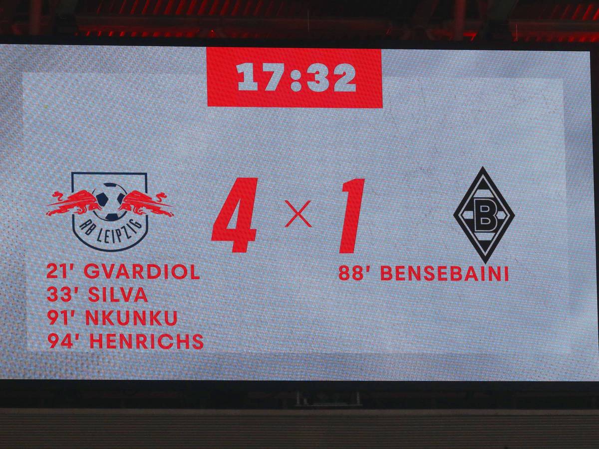 Die Anzeigetafel von RB Leipzig zeigt das Endergebnis gegen Borussia Mönchengladbach