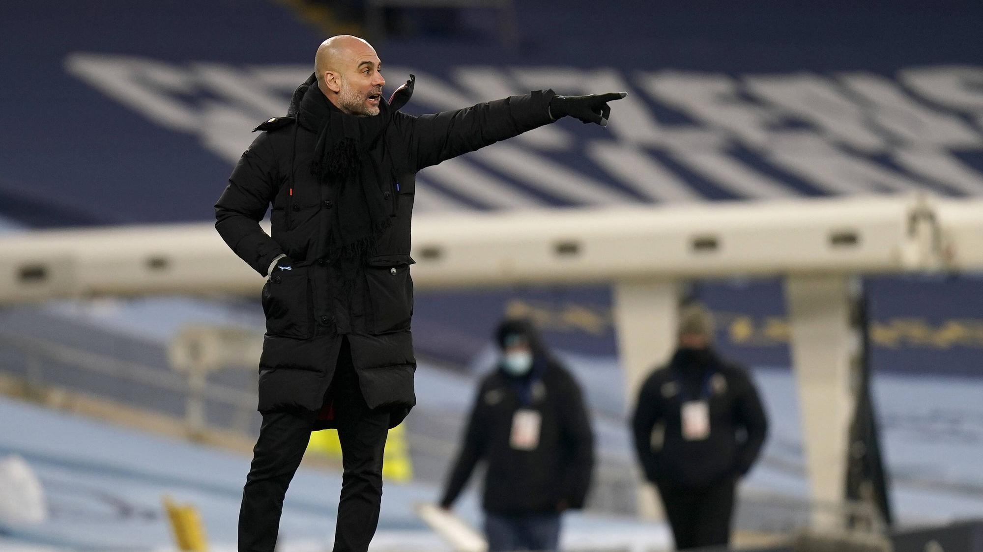 Trainer Pep Guardiola des kommenden Gegners von Gladbach in der Championsleague beim Spiel in der PremierLeague gegen Tottenham Hotspur am 13. Februar 2021.