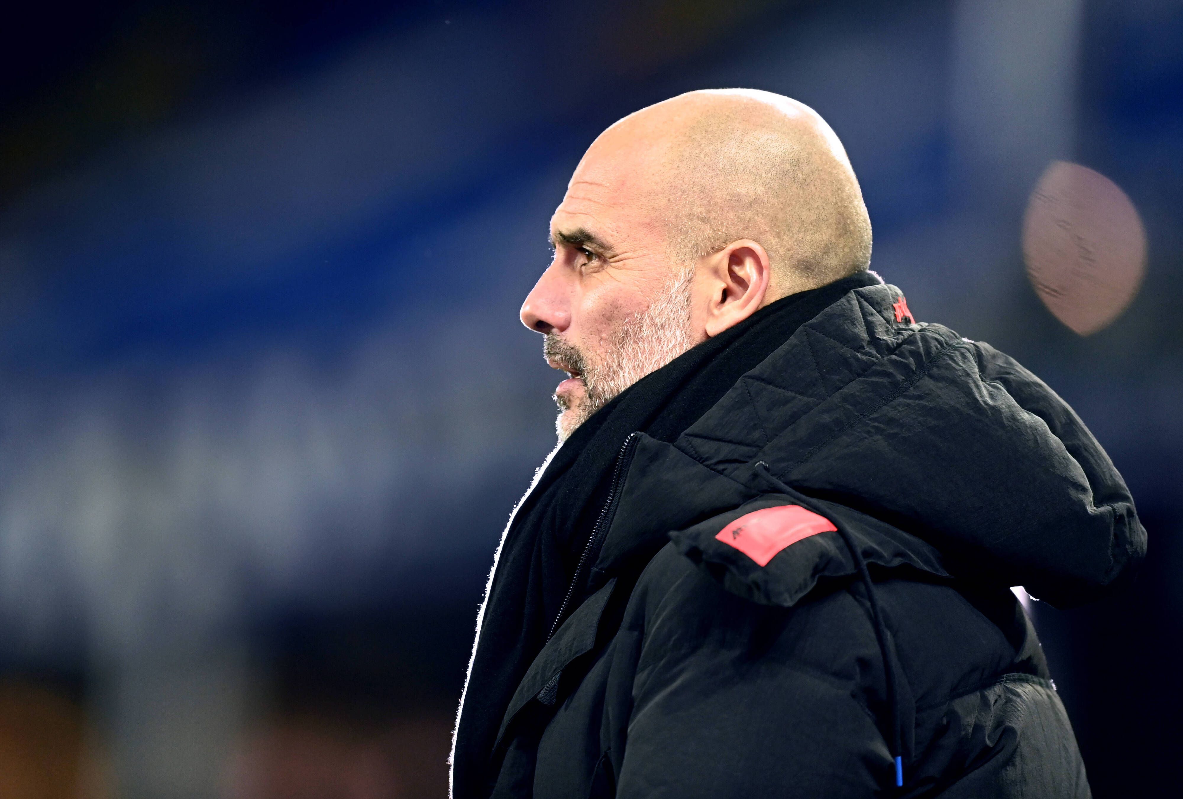 Manchester Citys Trainer Pep Guardiola beim Premier-League-Spiel gegen den FC Everton am 17. Februar 2021.