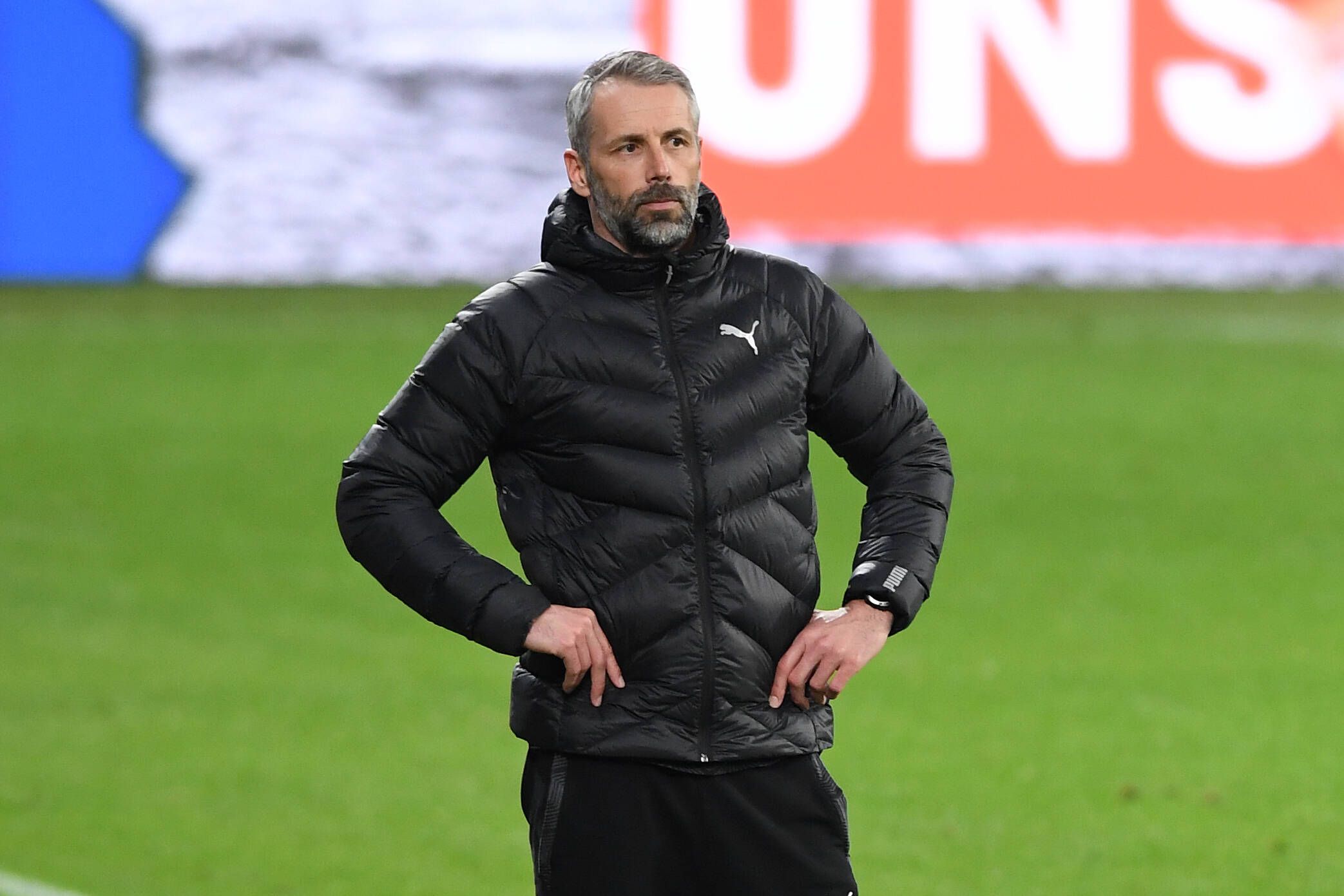 Gladbach-Trainer Marco Rose im Bundesligaspiel seiner Gladbacher gegen die TSG Hoffenheim am 21. April 2021.