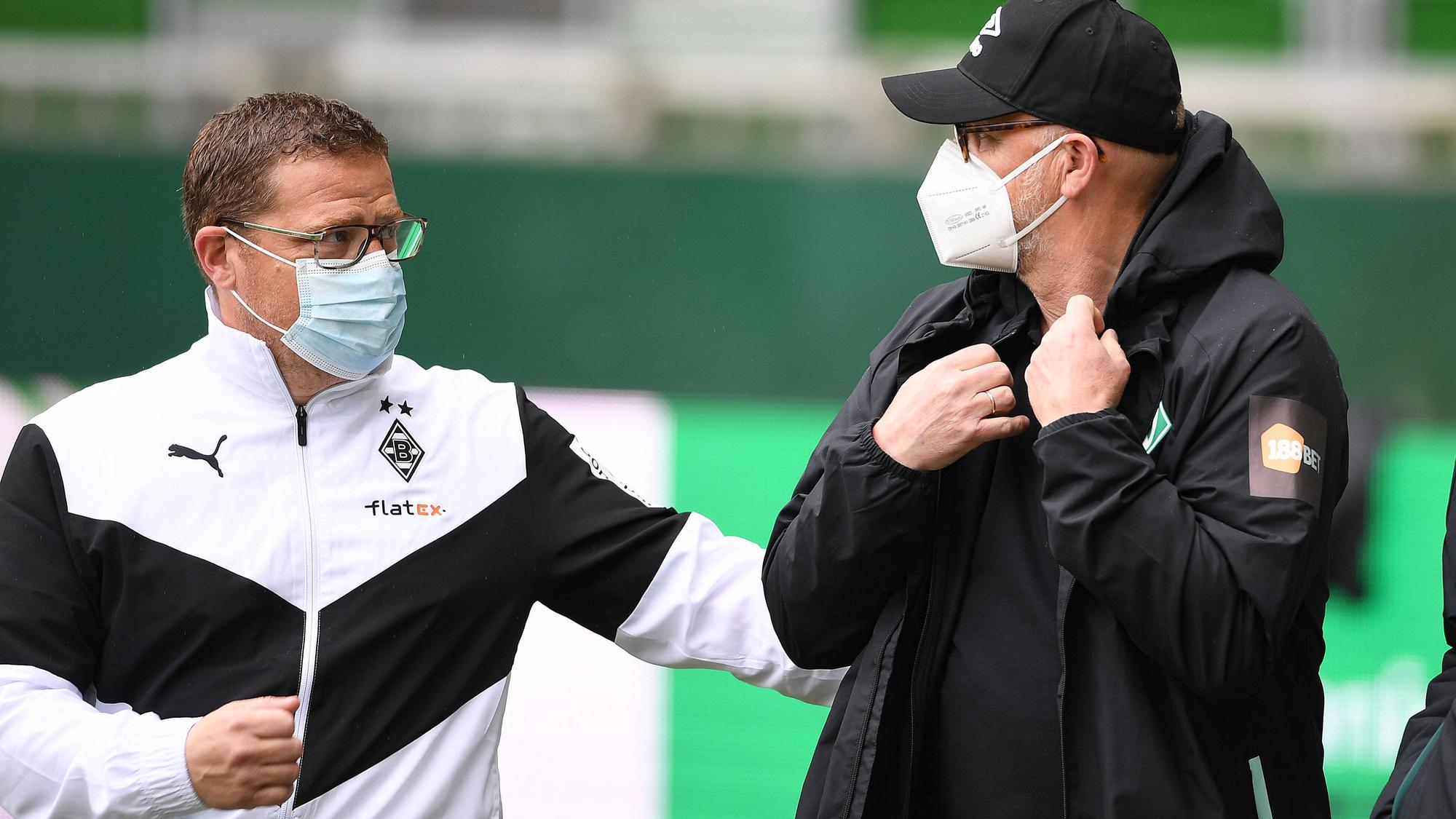 Absteiger unter sich: Gladbach-Manager Max Eberl (l.) ist mit seiner Borussia aus dem Reigen der Top-Klubs abgestiegen, die sich in der Bundesliga regelmäßig für Europa qualifizieren. Bremens Trainer-Legende Thomas Schaaf ist mit Werder aus der Bundesliga abgestiegen.