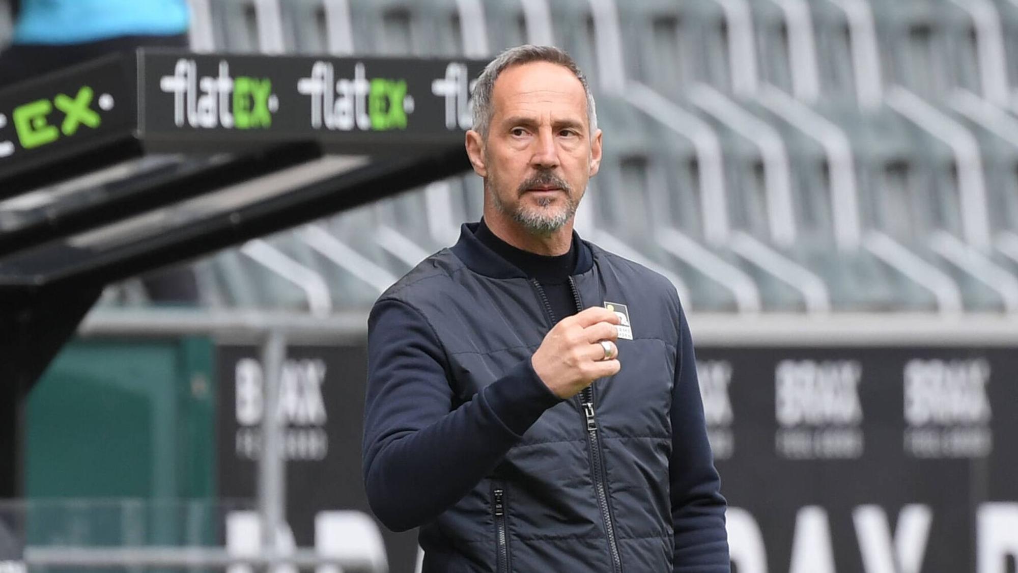 Gladbachs zukünftiger Trainer Adi Hütter hebt den rechten Arn und blickt auf das Spielfeld im Borussia-Park.