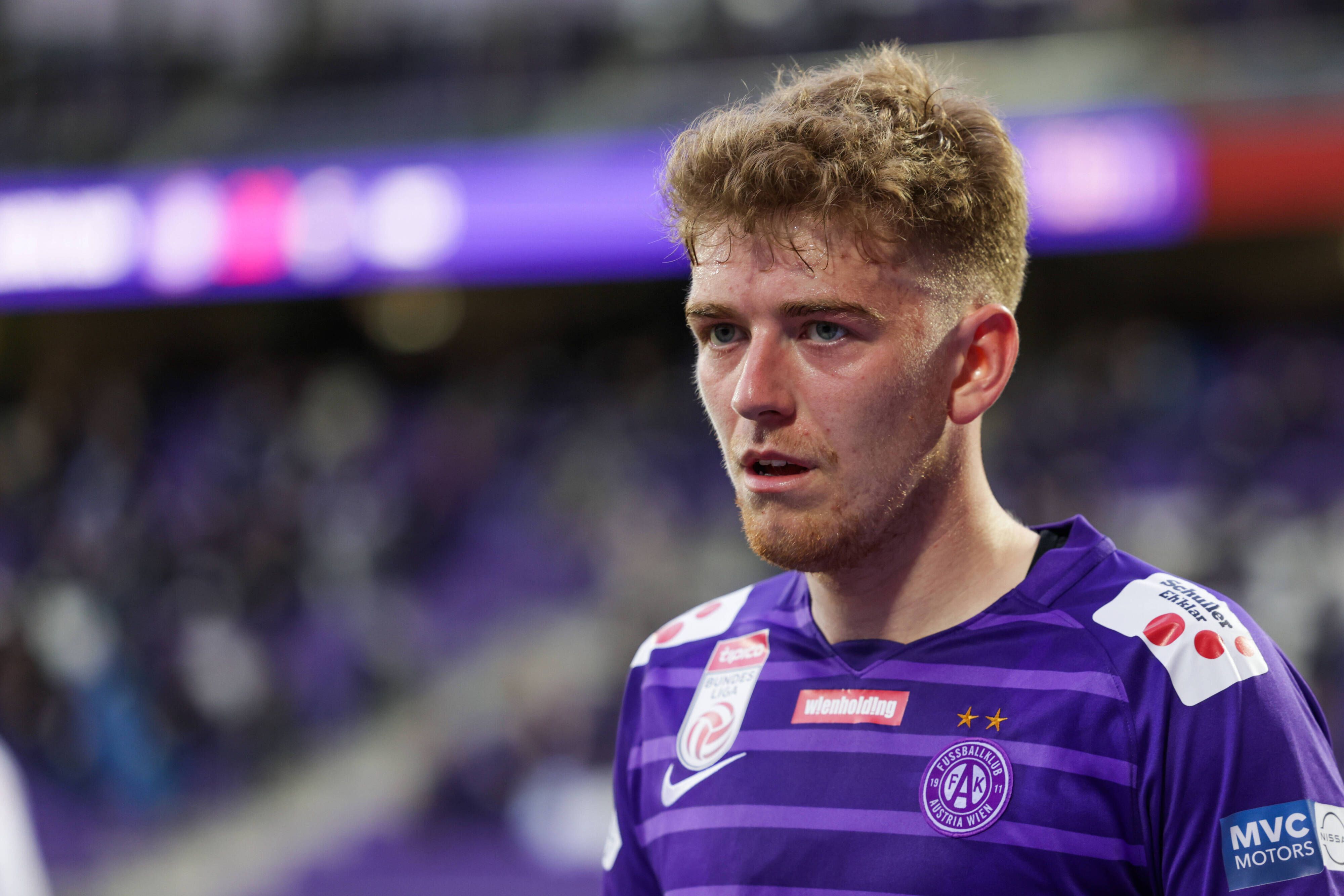 Linksverteidiger Andreas Poulsen im Trikot seines Leihvereins Austria Wien beim Spiel gegen den Wolfberger AC am 27. Mai 2021.