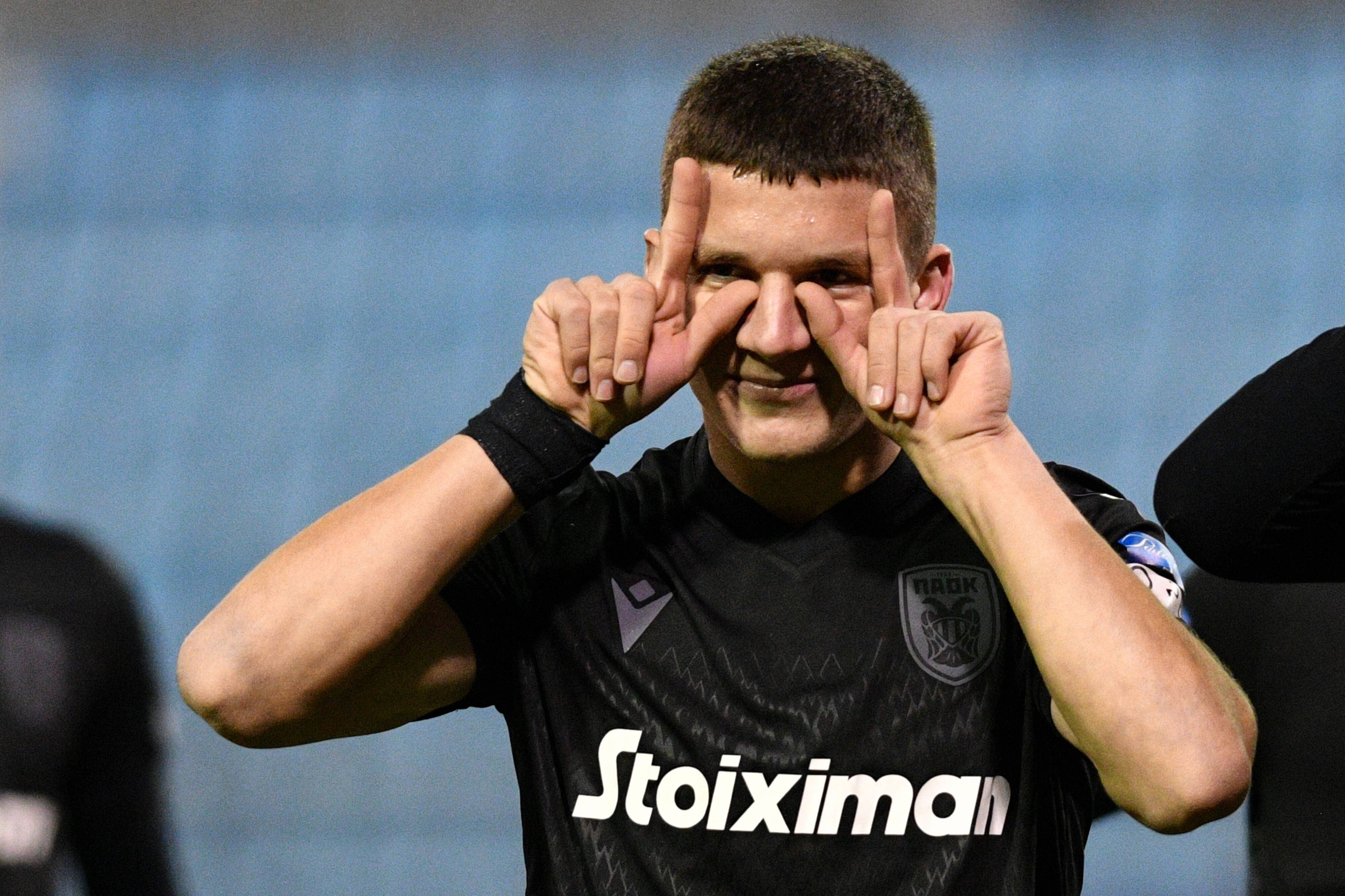 Christos Tzolis beim Torjubel während des Griechischen Super-League-Spiels zwischen PAS Lamia 1964 und PAOK Thessaloniki am 29. November 2020.