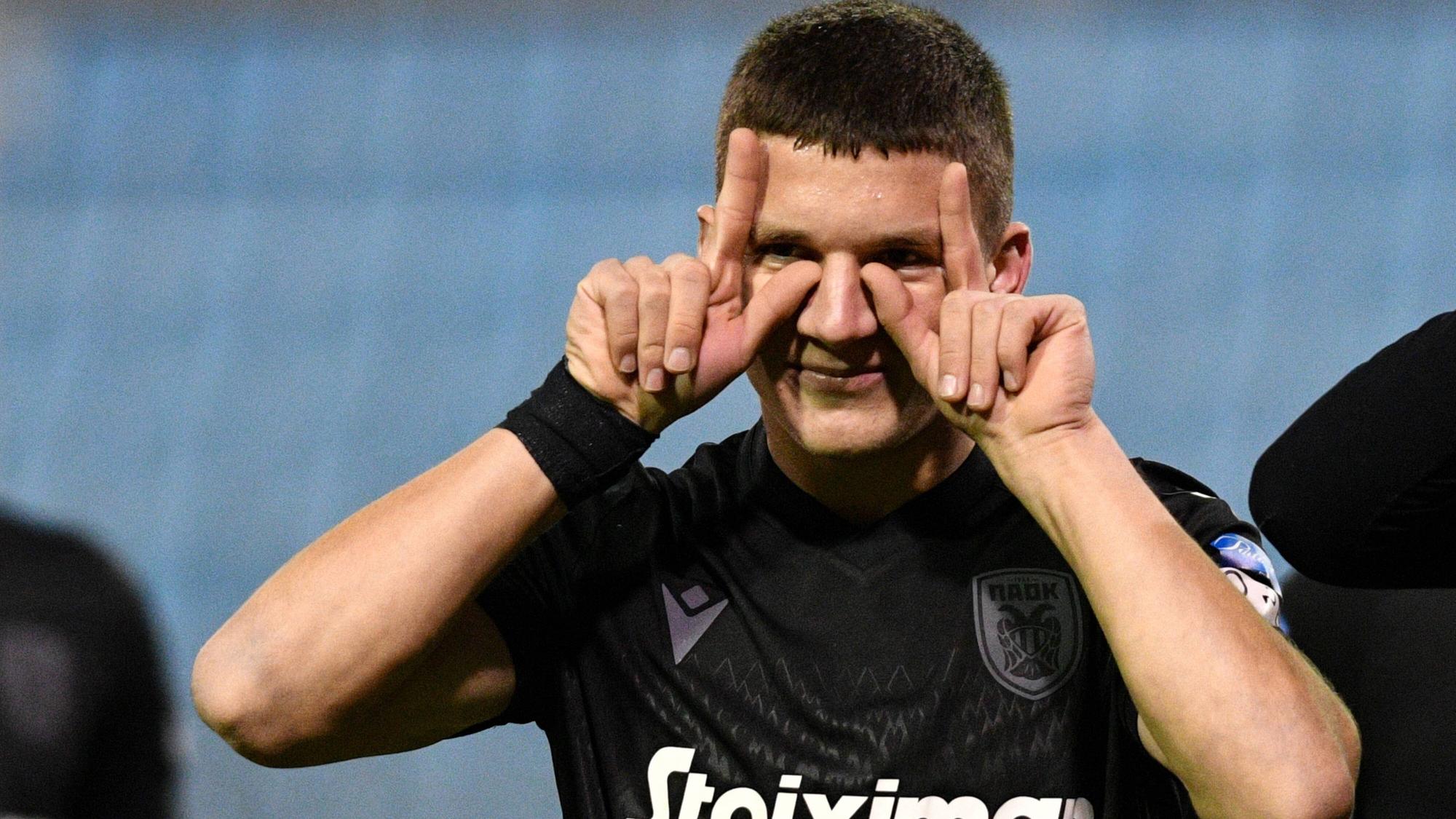 Christos Tzolis beim Torjubel während des Griechischen Super-League-Spiels zwischen PAS Lamia 1964 und PAOK Thessaloniki am 29. November 2020.