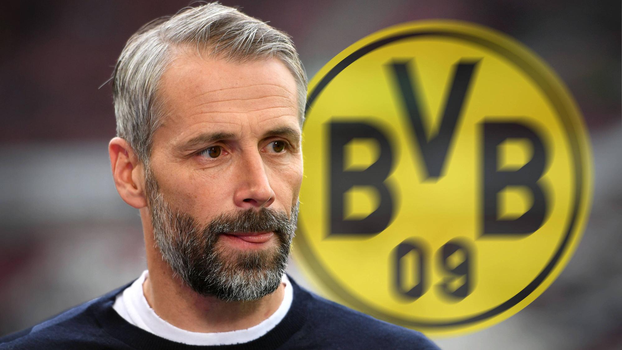 Ex-Gladbach-Trainer Marco Rose sieht sich bei seinem neuen Klub Borussia Dortmund aktuell auch Kritik ausgesetzt. Zu sehen sind Rose und das BVB-Logo.