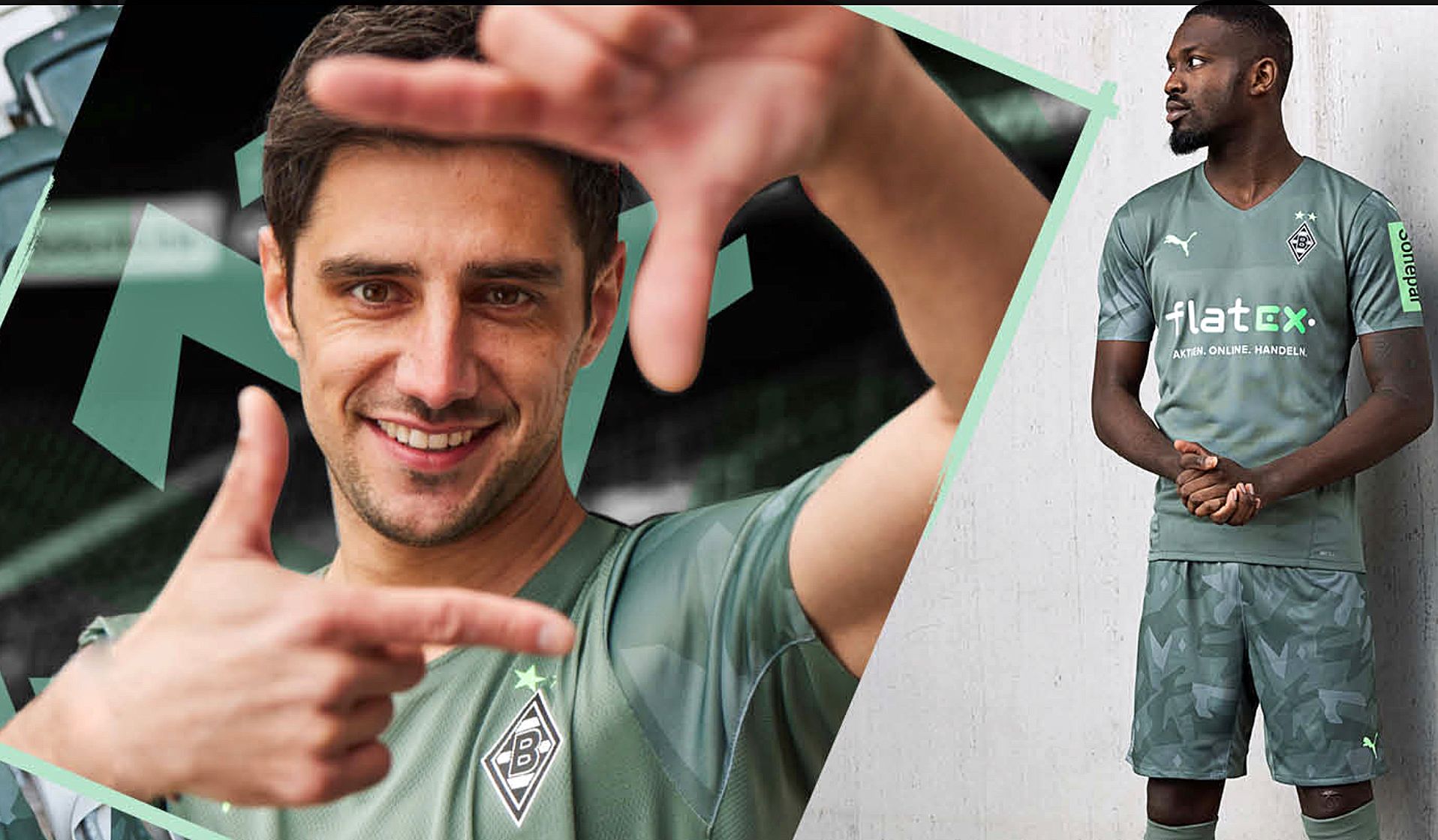 Lars Stindl (links) und Marcus Thuram (rechts) zeigen sich im neuen Auswärtstrikot der Gladbacher Borussia.