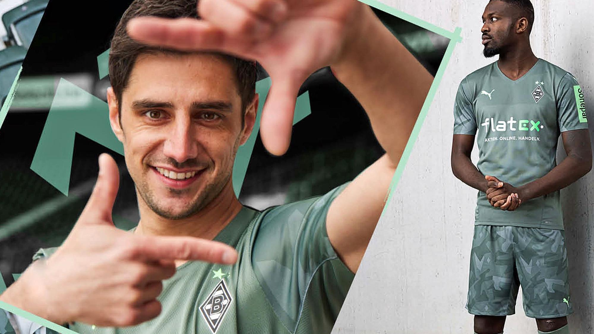Lars Stindl (links) und Marcus Thuram (rechts) zeigen sich im neuen Auswärtstrikot der Gladbacher Borussia.