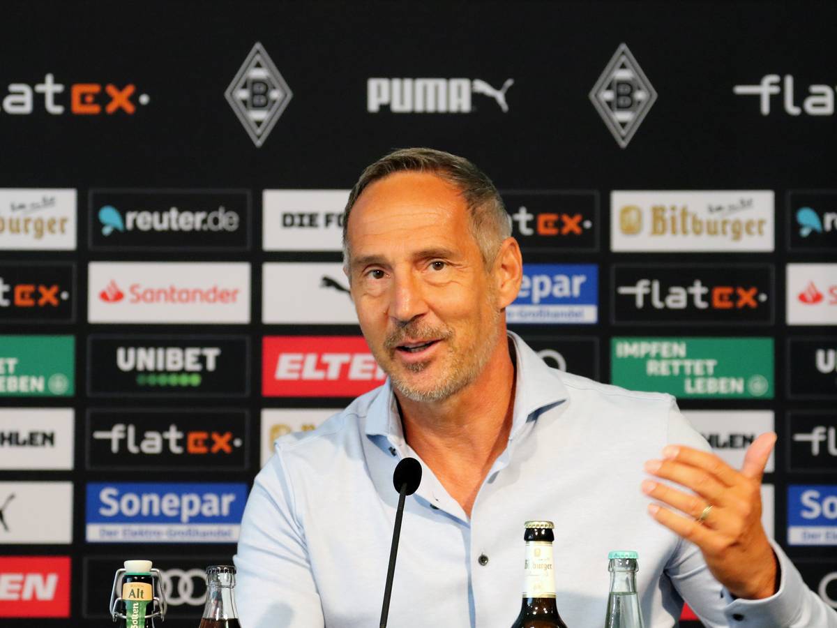 Ex-Gladbach-Trainer Adi Hütter, hier zu sehen am 2. Juli 2021 bei seiner Vorstellung im Borussia-Park. Hütter macht eine Geste und lächelt.