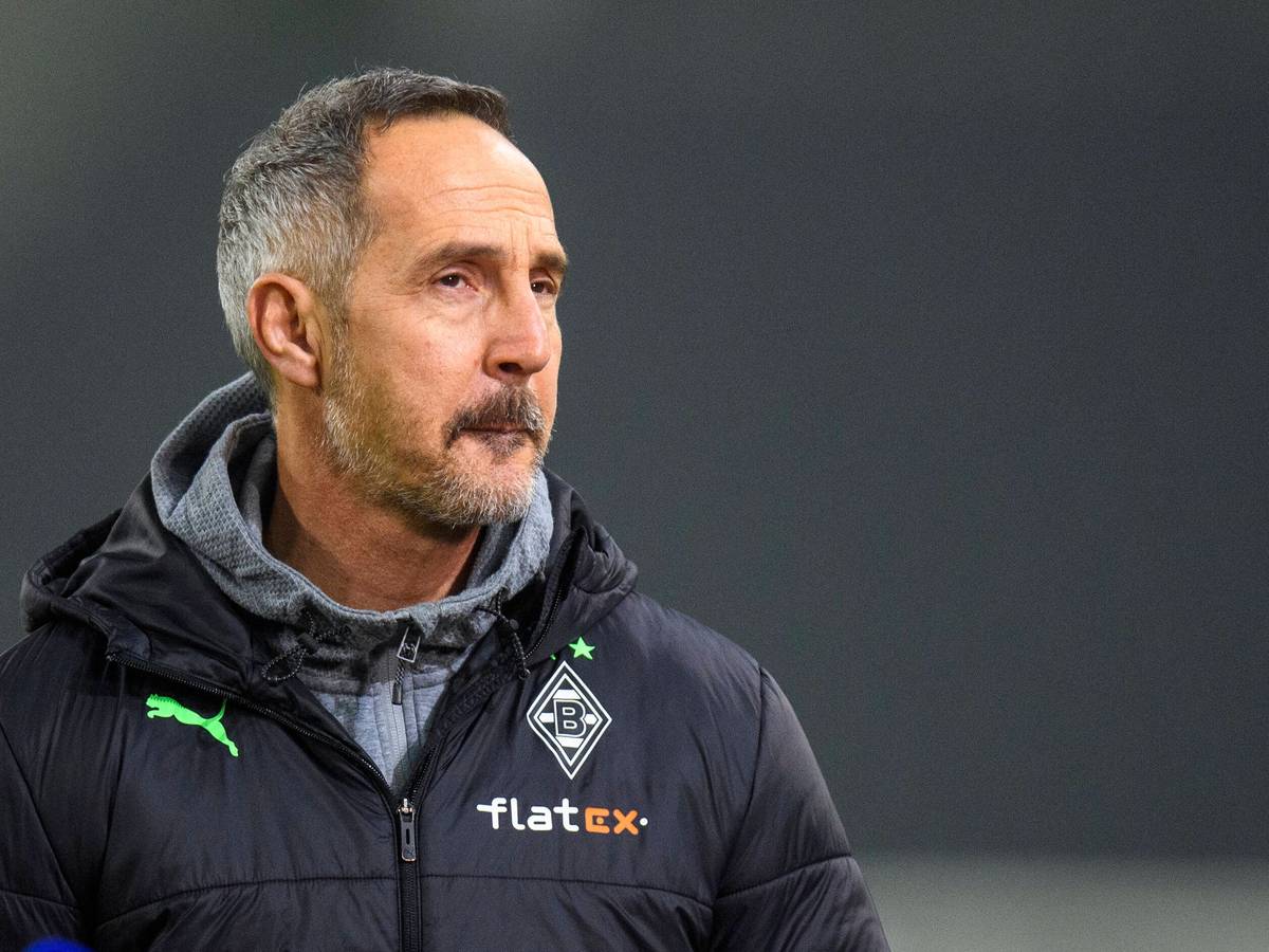 Gladbach-Trainer Adi Hütter am 15. Januar 2022 im Borussia-Park. Der Österreicher blickt auf das Spielfeld.