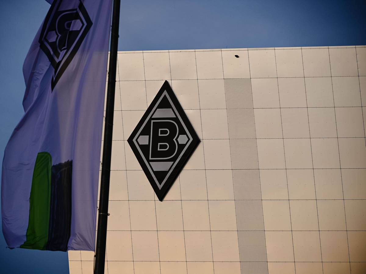 Der Borussia-Park in Mönchengladbach. Auf dem Neubau 8 Grad ist die Borussia-Raute zu sehen. Das Foto stammt vom 24. November 2020. Im Vordergrund ist eine Fahne.