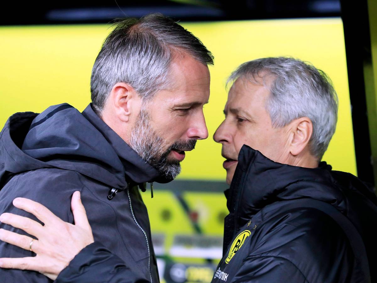 Die Trainer Lucien Favre (r.) und Marco Rose (l.) am 19. Oktober 2019 im Dortmunder Stadion. Favre und Rose begrüßen sich.