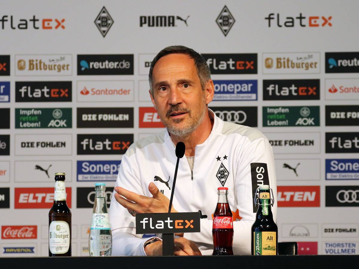 Adi Hütter, Cheftrainer von Borussia Mönchengladbach, spricht am 14. April 2022 während einer Pressekonferenz im Borussia-Park. Hütter macht eine Geste.