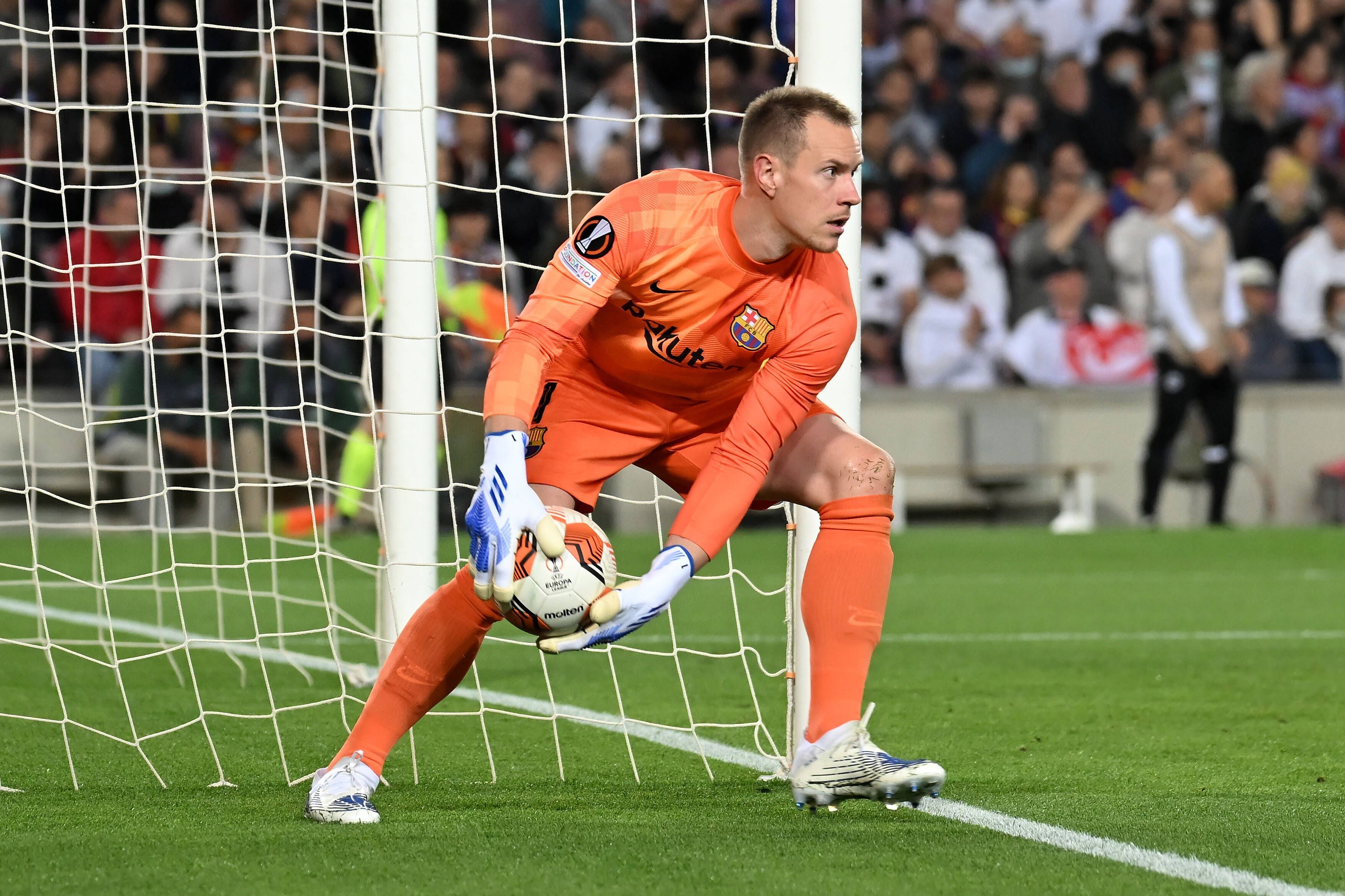Marc-André ter Stegen, Ex-Keeper von Borussia Mönchengladbach und heutiger Torhüter des FC Barcelona, hat sich mit seinen Leistungen abermals Trainer Xavi begeistert. Das Foto zeigt ihn am 14. April 2022 beim Europa-League-Spiel gegen Eintracht Frankfurt.