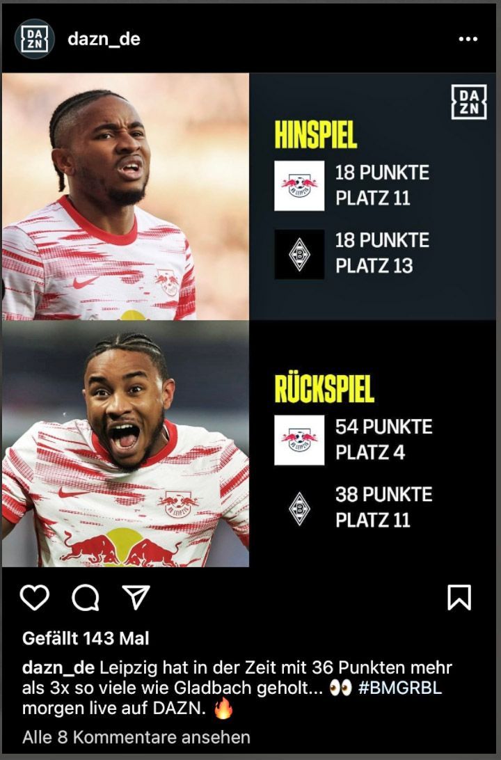 Da ist am Sonntag (1. Mai 2022), vor dem Bundesliga-Spiel von Borussia Mönchengladbach gegen RB Leipzig (2. Mai), auf dem Instagram-Kanal von „DAZN“ etwas durcheinander geraten.