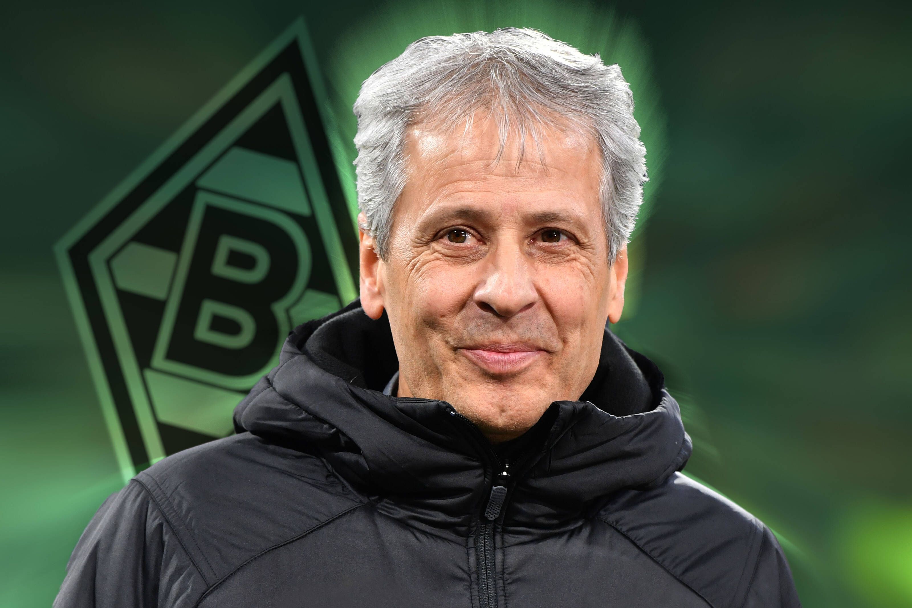 Trainer Lucien Favre hat Fußball-Bundesligist Borussia Mönchengladbach abgesagt. Die Fotomontage zeigt Favre und eine Borussia-Raute.