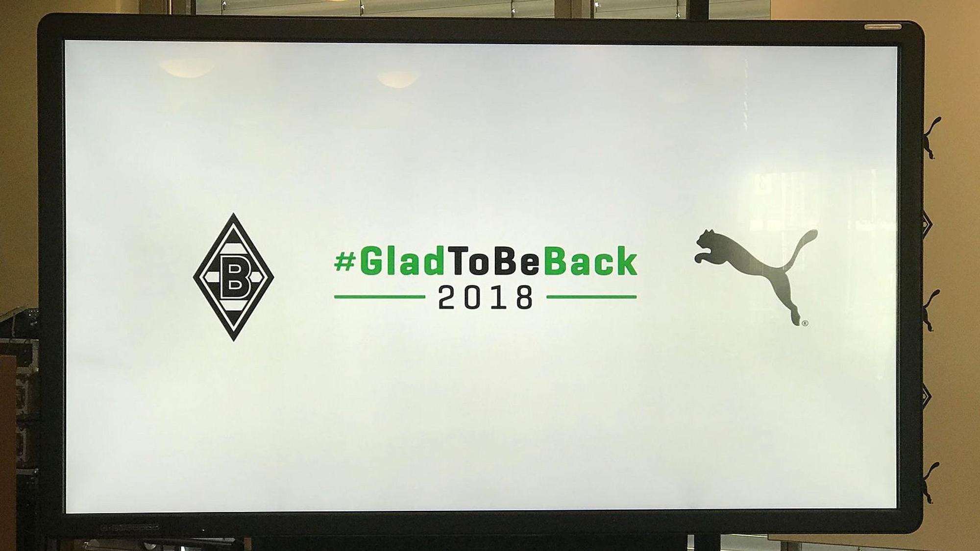 Seit 2018 ist Puma Ausrüster bei Fußball-Bundesligist Borussia Mönchengladbach. Zu sehen sind die Logos von Borussia und Puma auf einem TV-Schirm. Dazu ein Slogan.