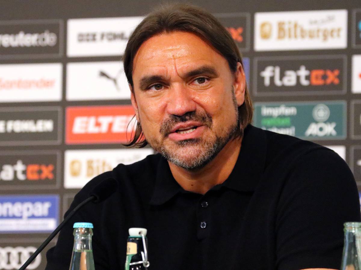 Daniel Farke ist am Sonntag (5. Juni 2022) als neuer Cheftrainer bei Borussia Mönchengladbach vorgestellt worden. Farke spricht und blickt in die Kamera.