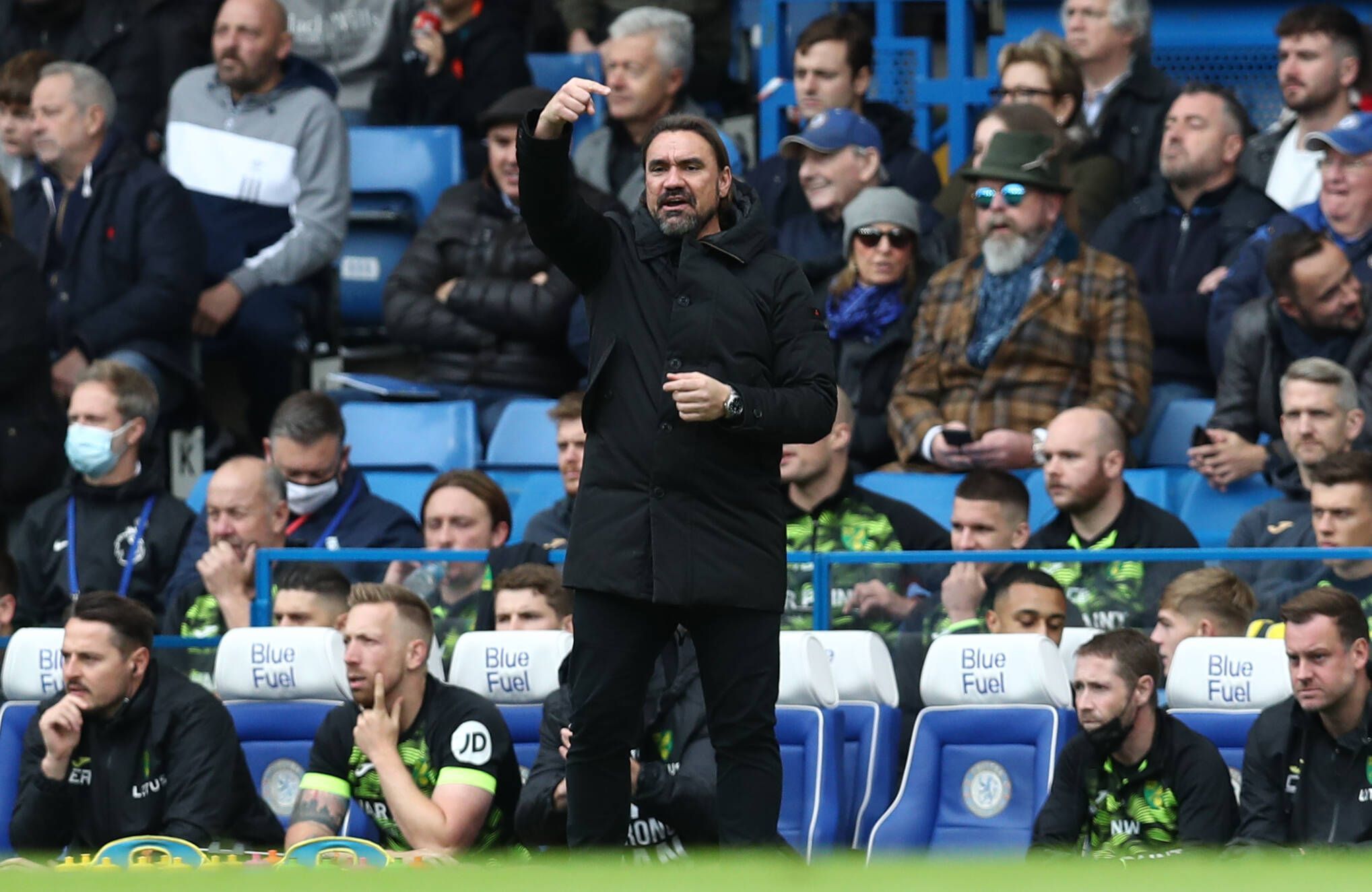Daniel Farke, neuer Trainer von Bundesligist Borussia Mönchengladbach, gibt an der Seitenlinie Anweisungen. Das Foto stammt vom Spiel FC Chelsea gegen Norwich City am 23. Oktober 2021. Farke zeigt mit seinen Fingern taktische Anweisungen.