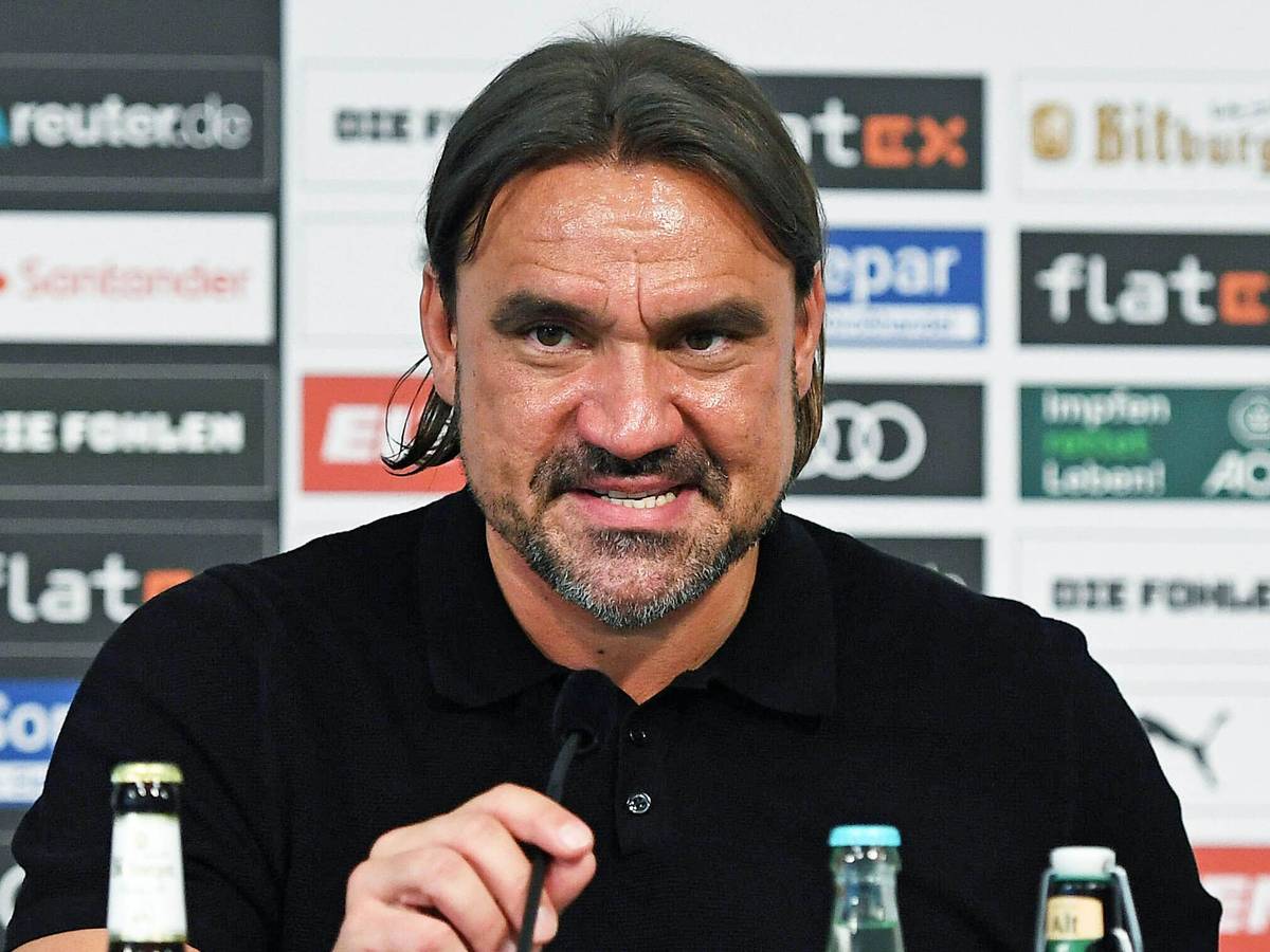 Daniel Farke, Trainer von Borussia Mönchengladbach, sitzt am 5. Juni 2022 im Presseraum im Borussia-Park vor einer Sponsorenwand. Farke trägt ein schwarzes Poloshirt. Mit seiner rechten Hand richtet er das Mikrofon.