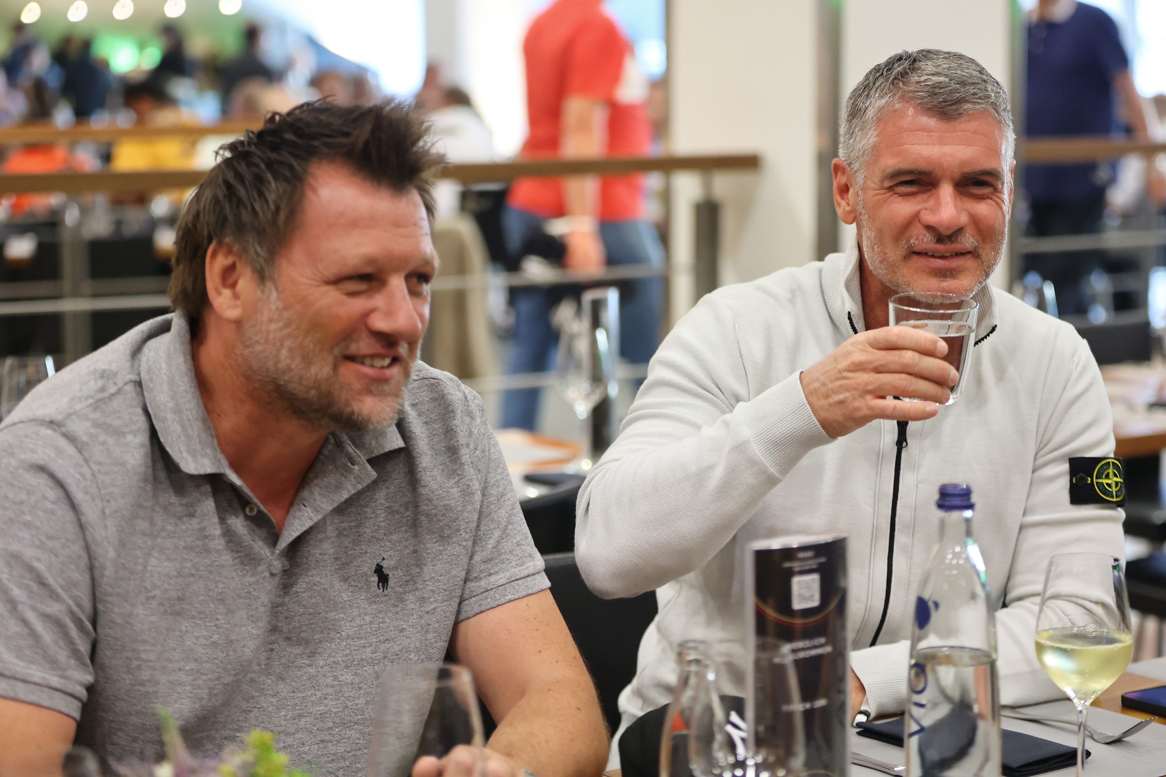 MOENCHENGLADBACH, GERMANY - JUNE 14: (L-R) Stephan Passlack and Karlheinz Pflipsen attend the Club of Former National Players meeting at Borussia-Park on June 14, 2022 in Moenchengladbach, Germany. (Photo by Christof Koepsel/Getty Images for DFB)