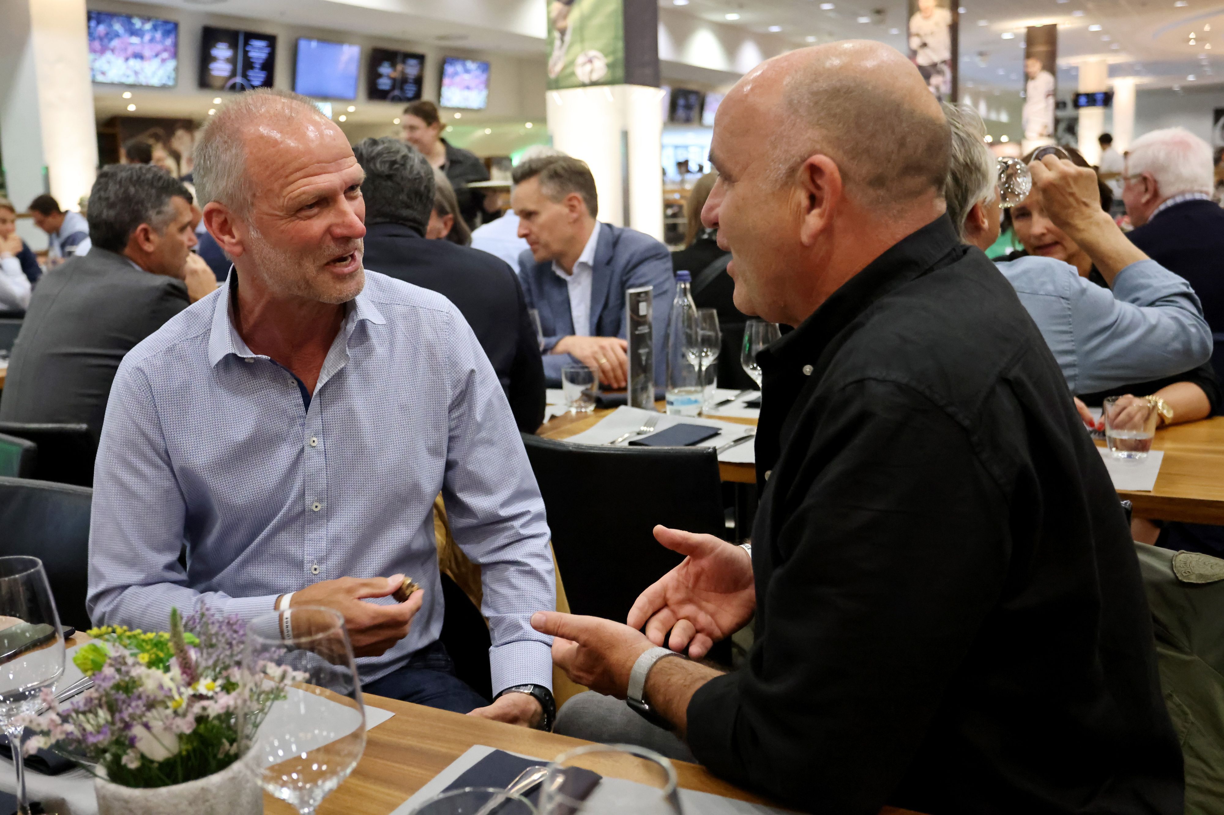 MOENCHENGLADBACH, GERMANY - JUNE 14: (L-R) Holger Fach and Christian Hochstaetter attend the Club of Former National Players meeting at Borussia-Park on June 14, 2022 in Moenchengladbach, Germany. (Photo by Christof Koepsel/Getty Images for DFB)