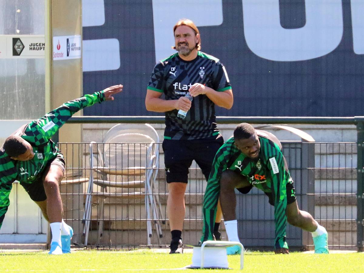 Gladbach-Trainer Daniel Farke schaut beim Training (28. Juni 2022) der Profis im Borussia-Park genau hin. Im Vordergrund sind Alassane Plea (l.) und Marcus Thuram (r.) zu sehen.