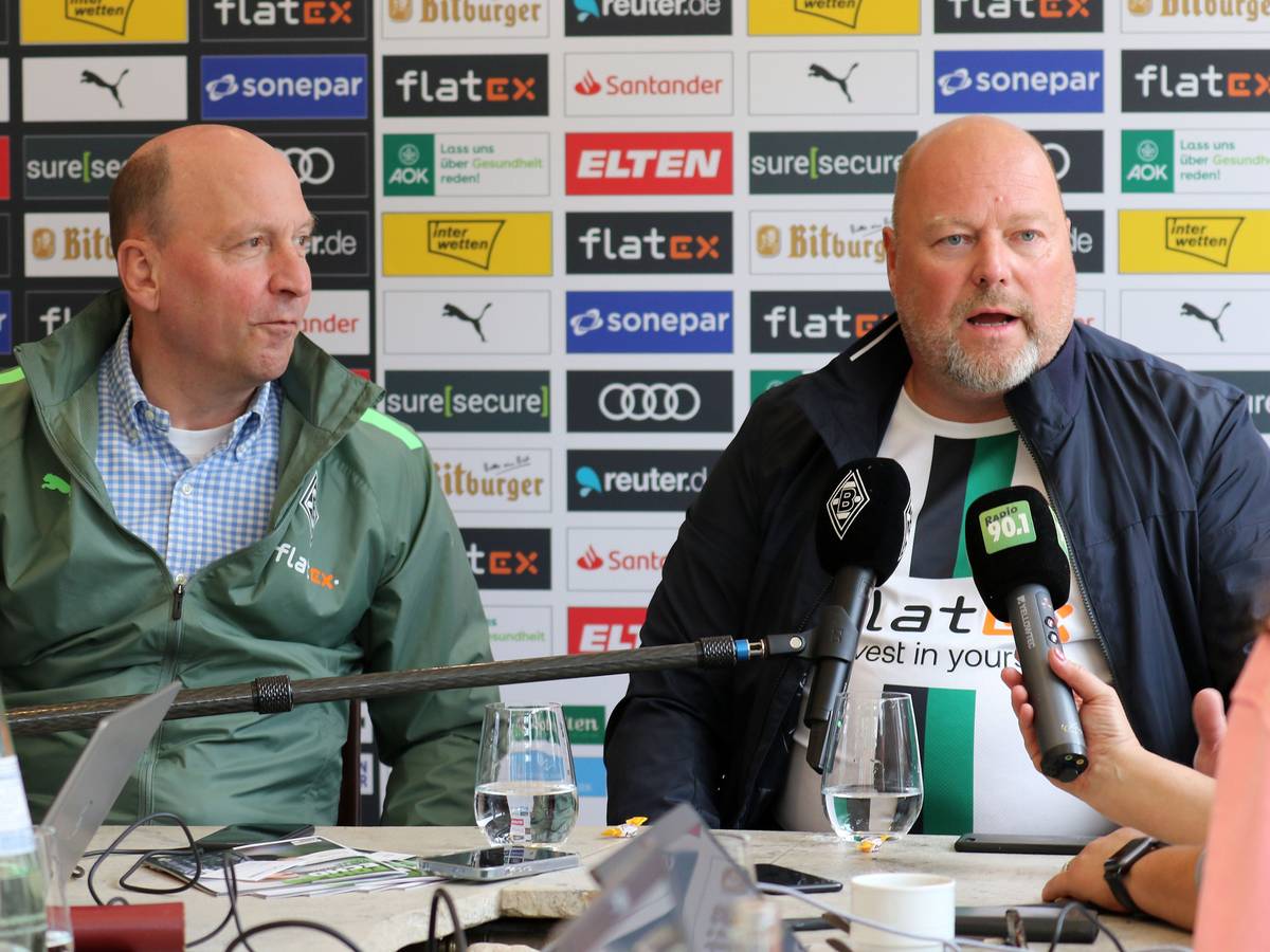 Gladbach-Geschäftsführer Stephan Schippers (l.) und Flatex-Chef Frank Niehage am Donnerstag (7. Juli 2022) bei einer Pressekonferenz im Seehotel Überfahrt in Rottach-Egern.